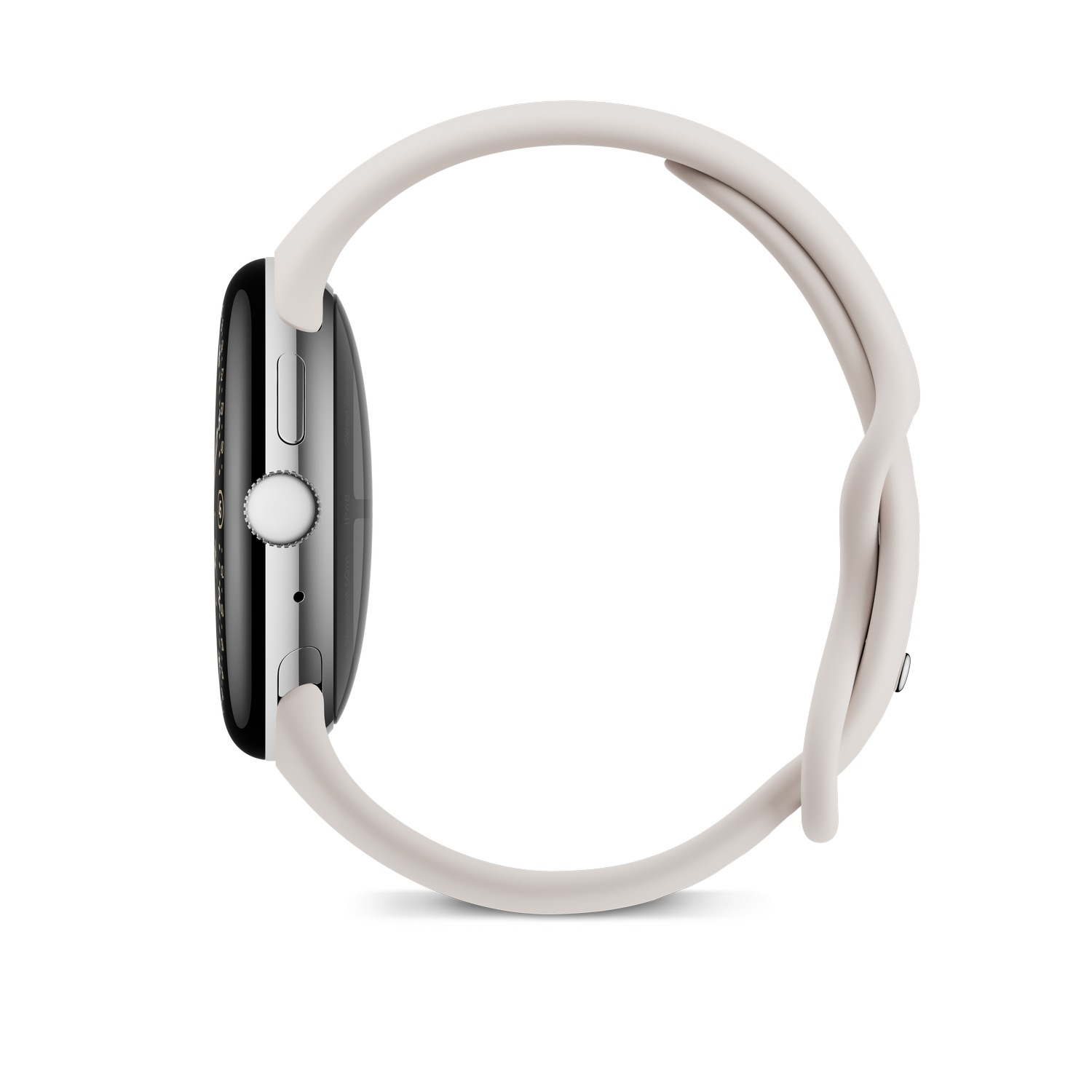 Eine Apple Watch in Seitenansicht. Die Uhr hat ein silbernes Gehäuse und ein weißes Armband. Der Hintergrund ist grau.