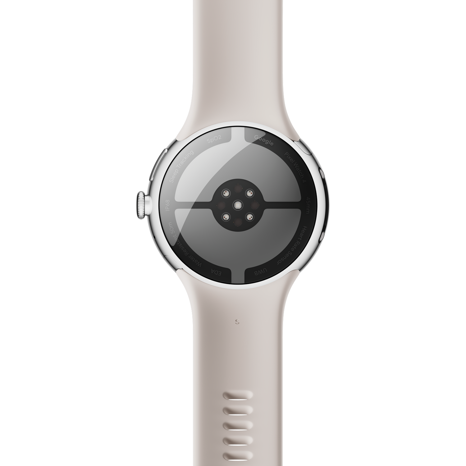Un reloj inteligente con correa beige. La esfera muestra las funciones del Google Pixel Watch 4.