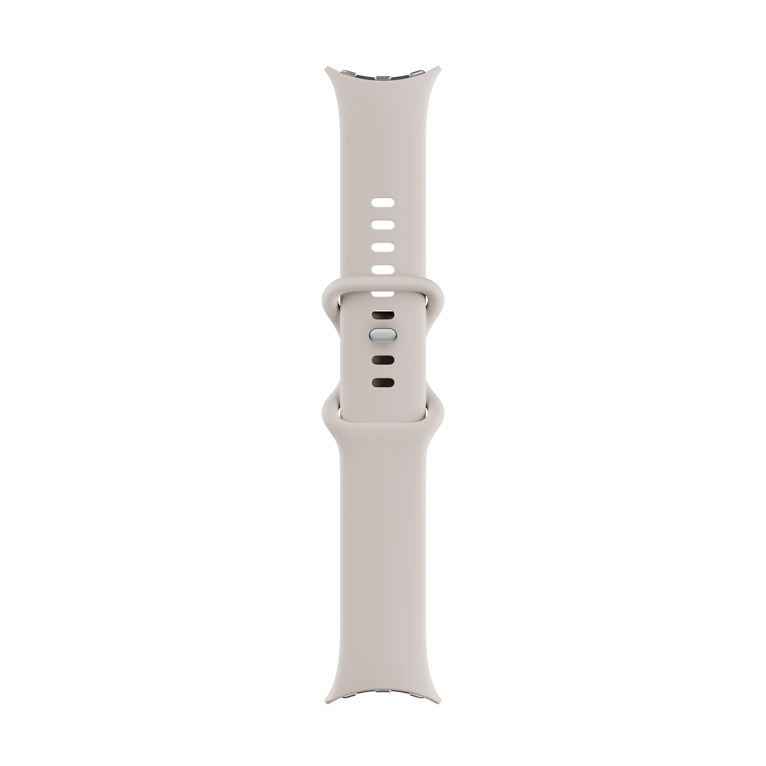 Una correa de Apple Watch beige claro, centrada en un fondo gris. Tiene una hebilla y varios agujeros para ajustar, con un extremo curvo.