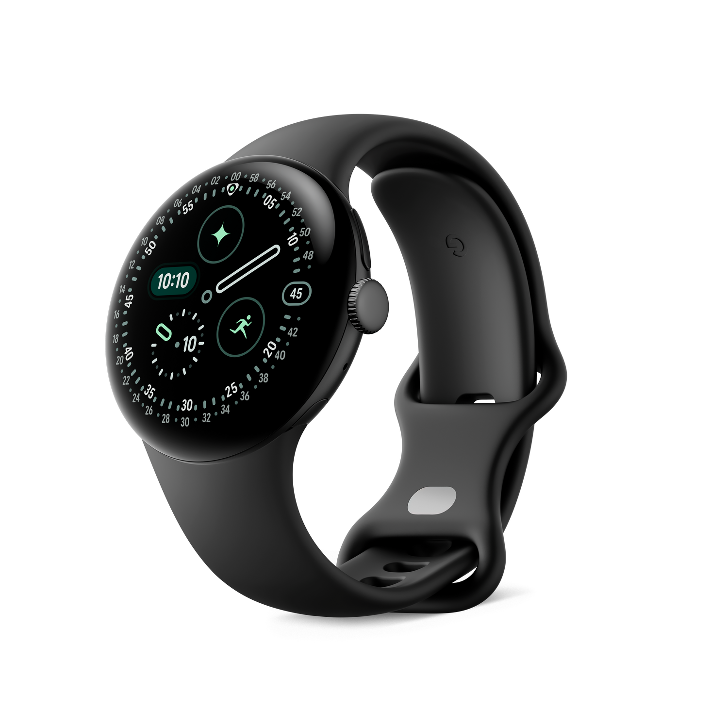 Un reloj inteligente negro con una correa curva, la pantalla muestra la hora 10:10. El fondo es gris sólido.