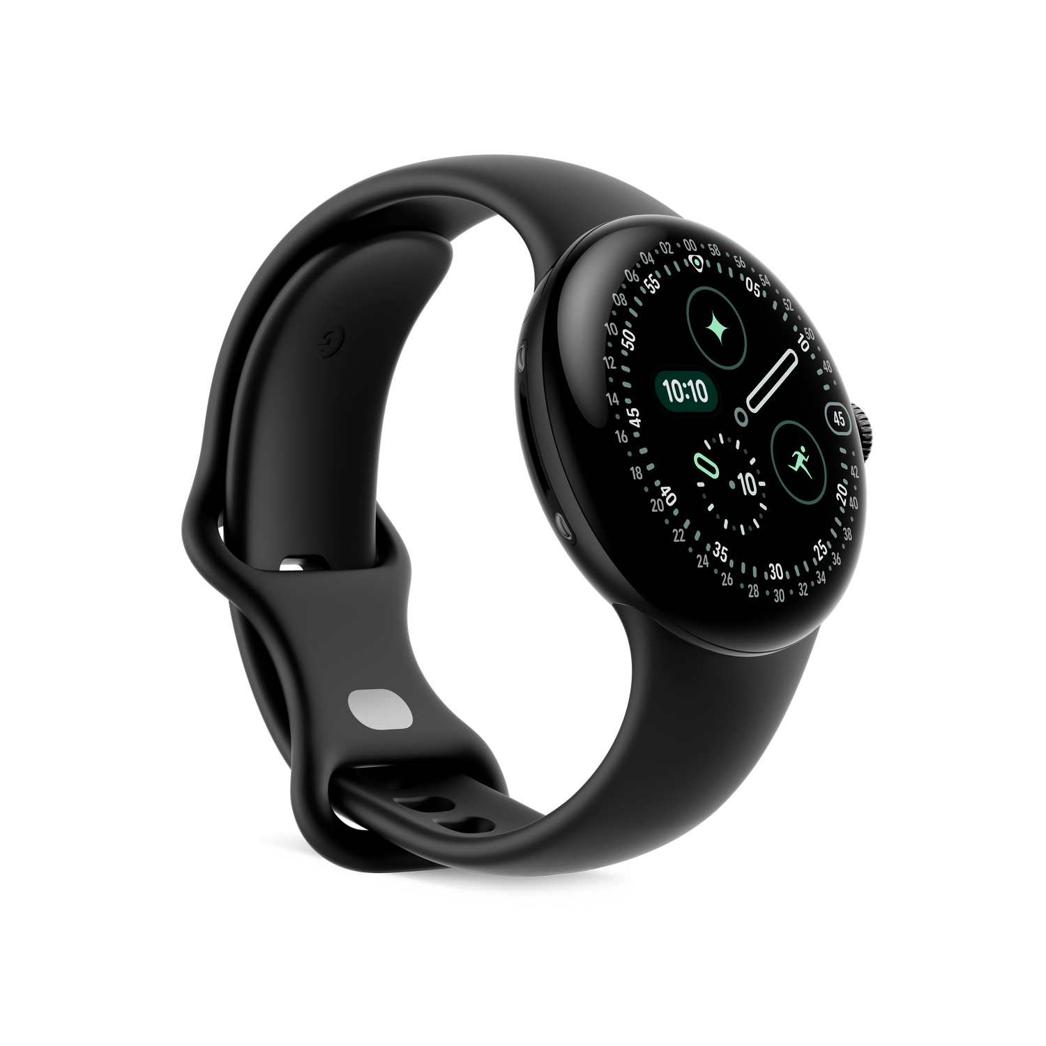 Un reloj inteligente negro con una correa curva muestra la hora. La esfera del reloj muestra la hora, el seguimiento de actividad y otros indicadores.