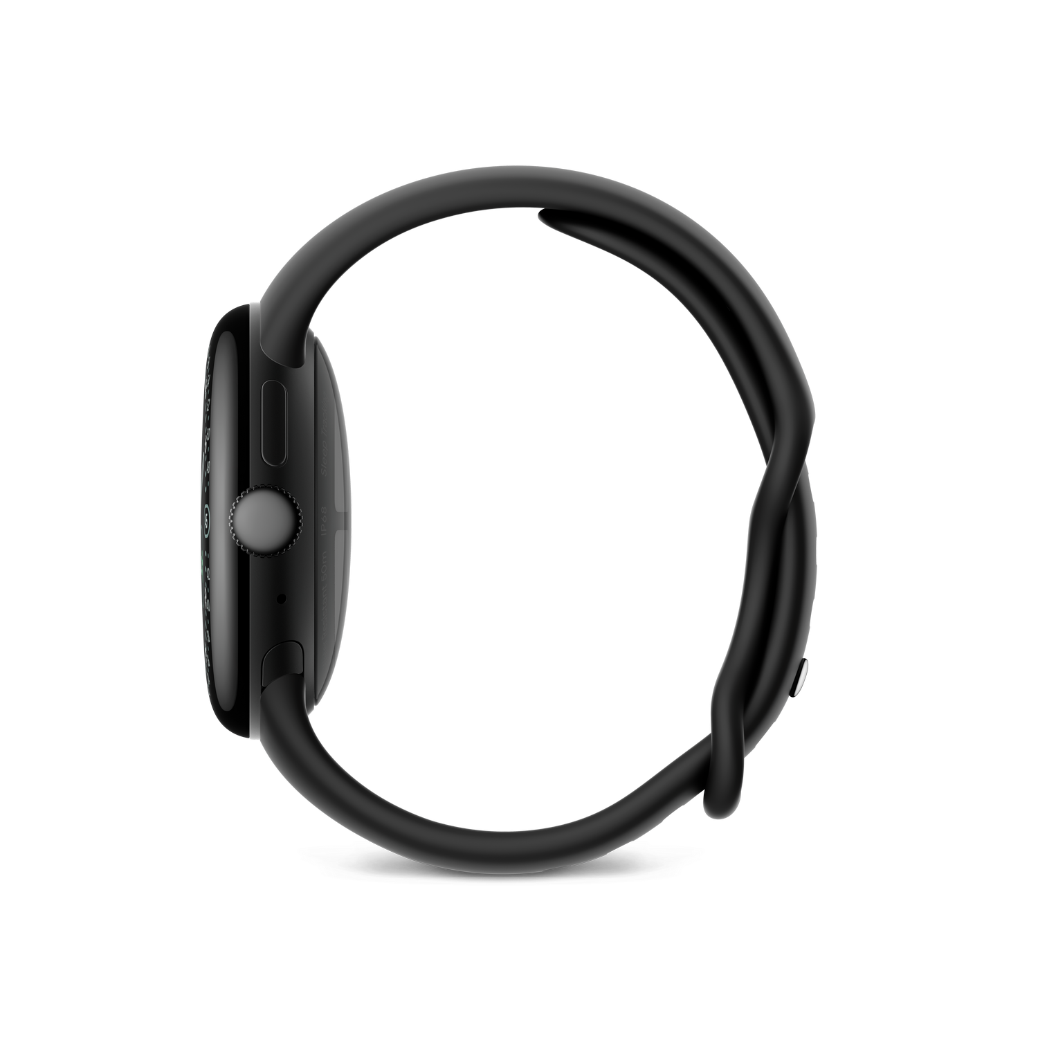 Un reloj inteligente negro se muestra de perfil. El reloj tiene una correa negra y una pantalla negra. El fondo es gris.