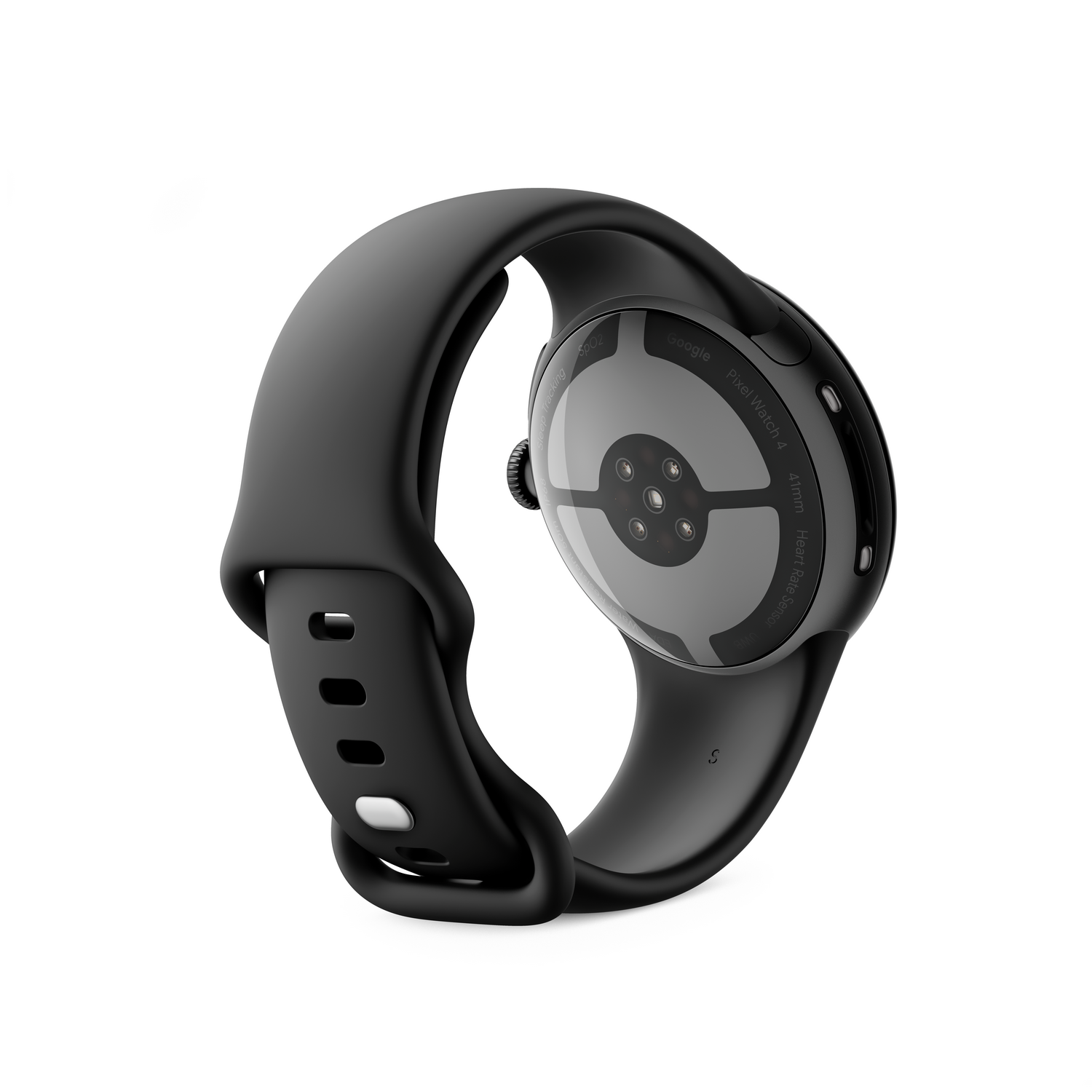 Vista trasera del Google Pixel Watch 4 negro. La correa y la esfera son negras. Detalles: sensor de frecuencia cardíaca y marca 'Google'.