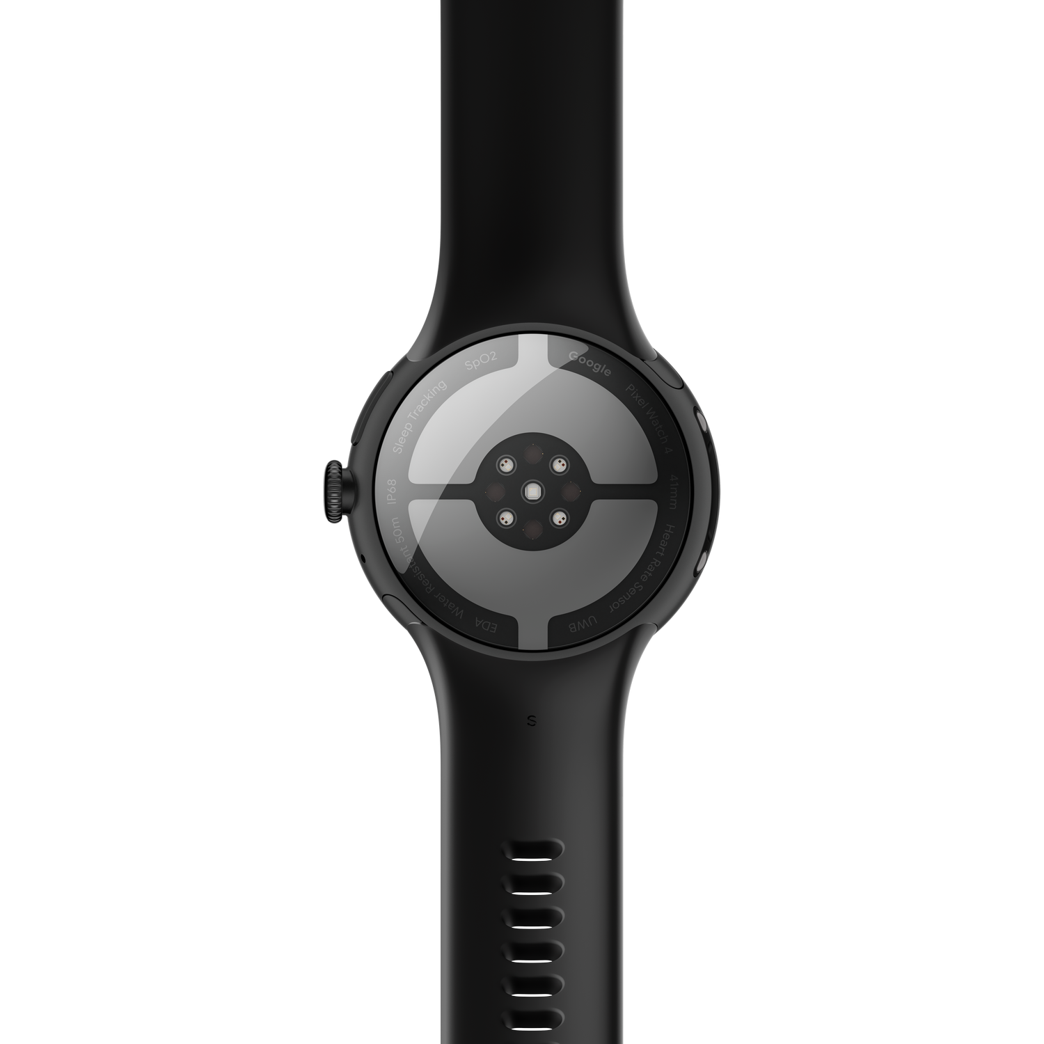 Vista trasera del Google Pixel Watch 4 negro. Funciones: SpO2, seguimiento del sueño, EDA, sensor de frecuencia cardíaca y UWB. Fondo gris.