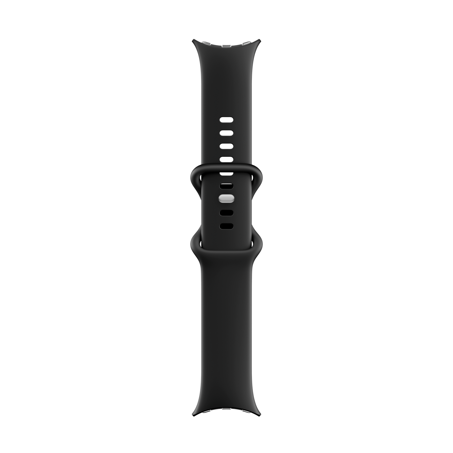 Una correa de reloj negra está centrada sobre un fondo gris. Tiene una hebilla y varios agujeros para ajuste.