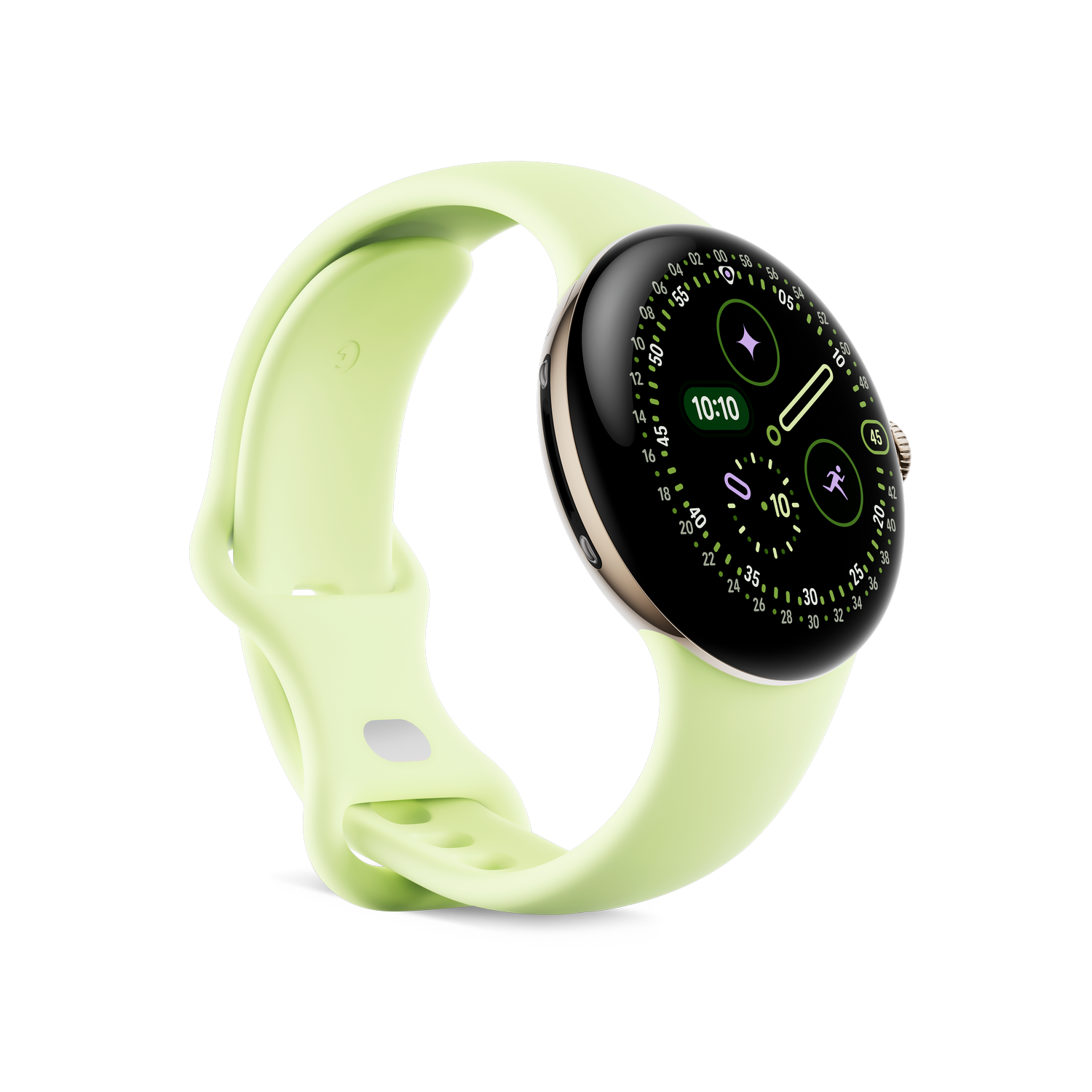 Un reloj inteligente verde lima con pantalla negra que muestra 10:10. La correa se curva sobre un fondo gris.