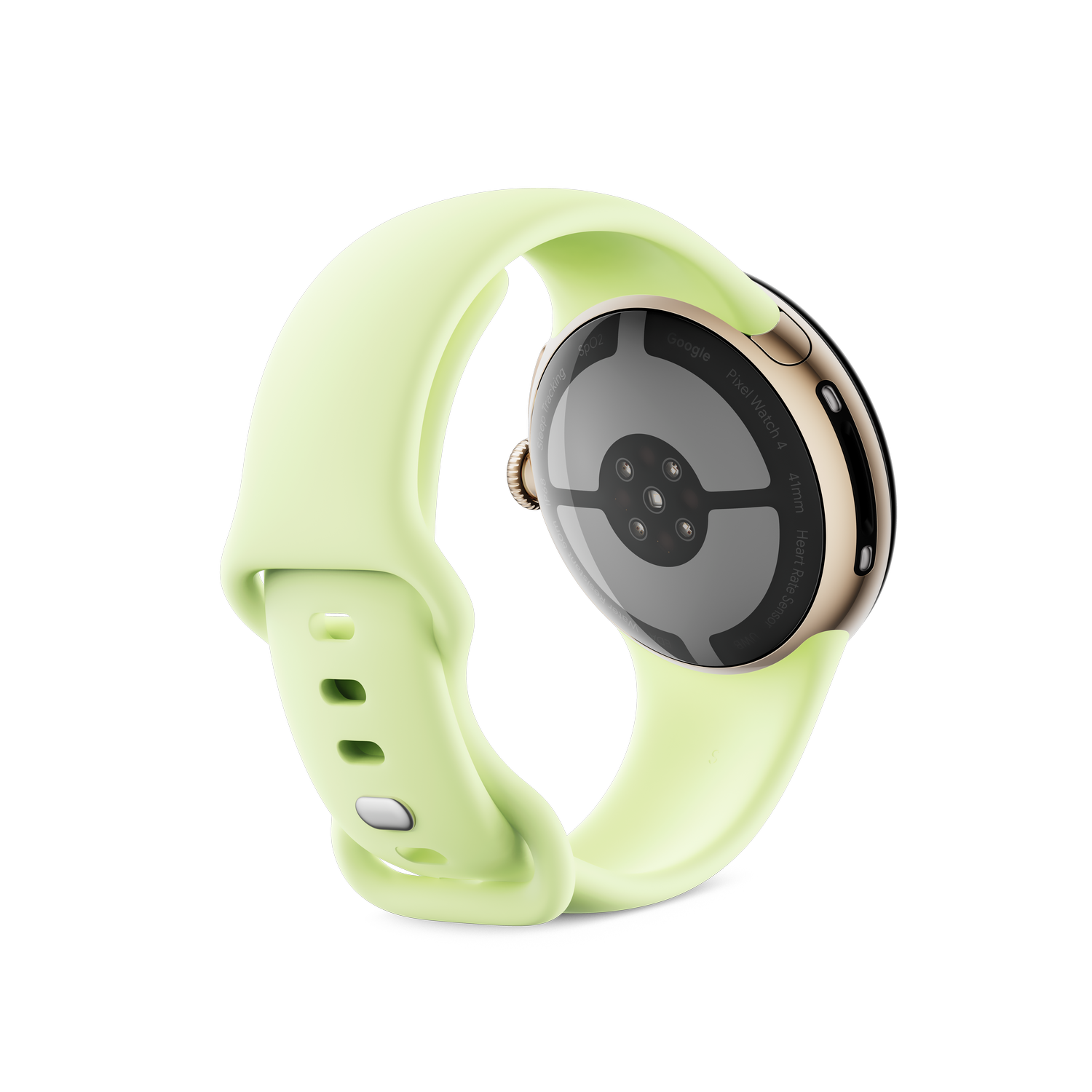 Un Google Pixel Watch 4 con una correa verde claro. La esfera del reloj es negra y dorada. El fondo es gris.