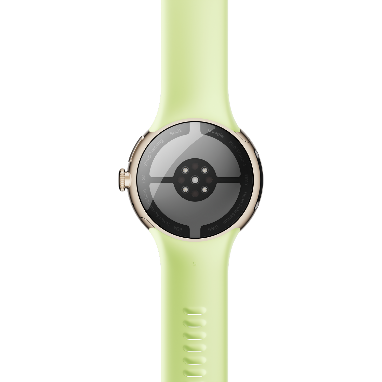 Primer plano de un reloj inteligente verde claro con caja dorada y sensor negro en la parte trasera.