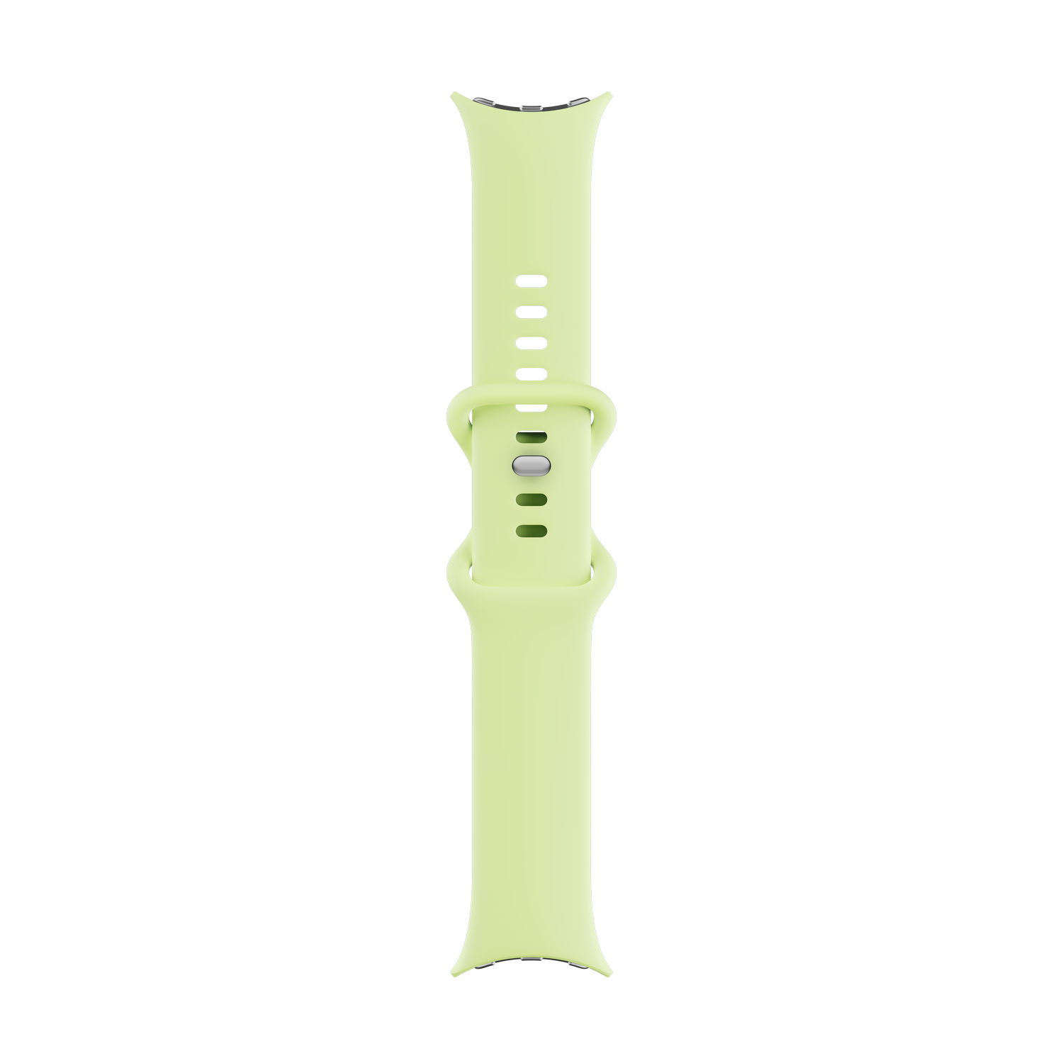 Una correa verde claro de Apple Watch se encuentra verticalmente. Tiene una hebilla, agujeros para ajustar y un extremo curvado.