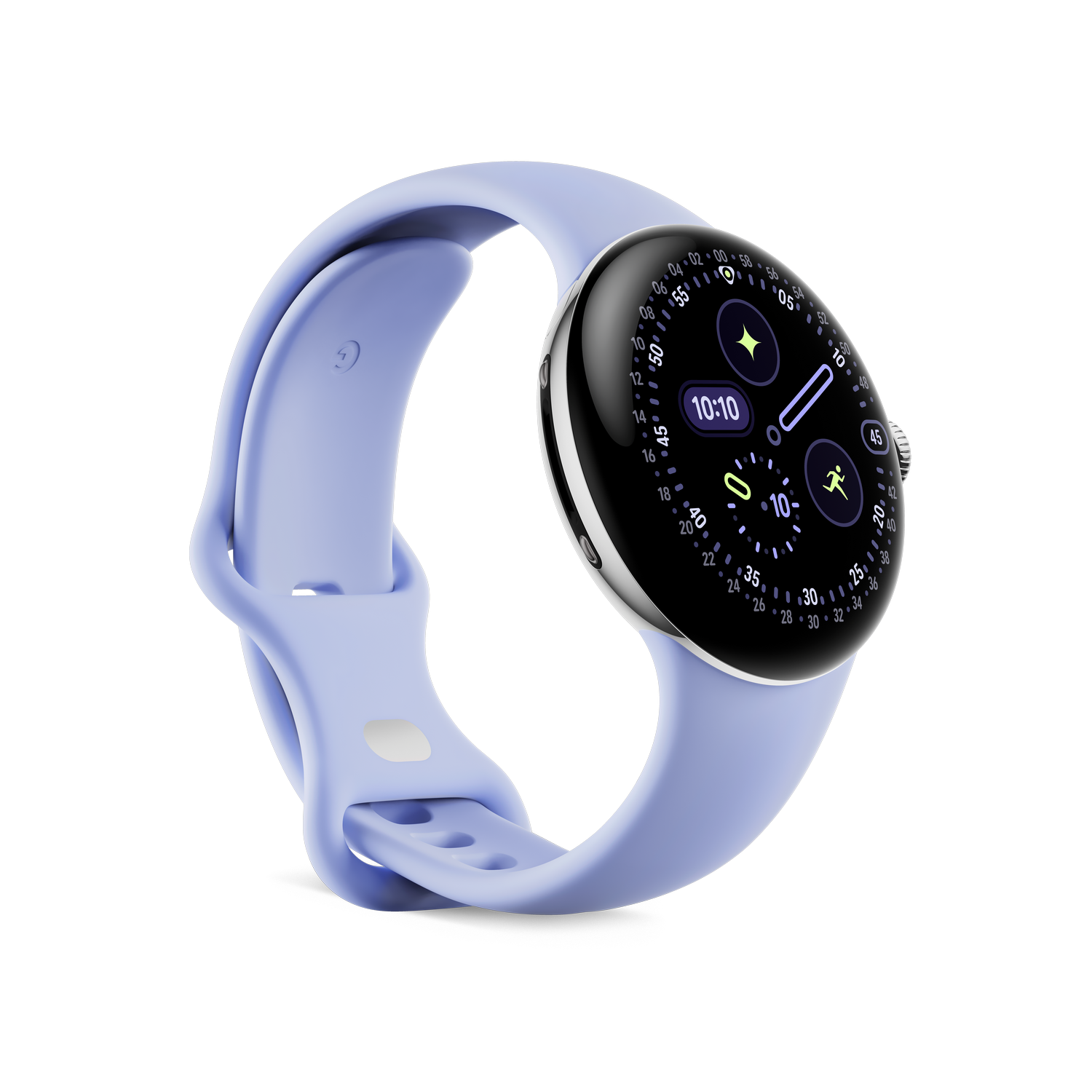 Eine hellviolette Smartwatch mit einem schwarzen Bildschirm, auf dem die Uhrzeit 10:10 angezeigt wird. Die Uhr befindet sich auf grauem Hintergrund.