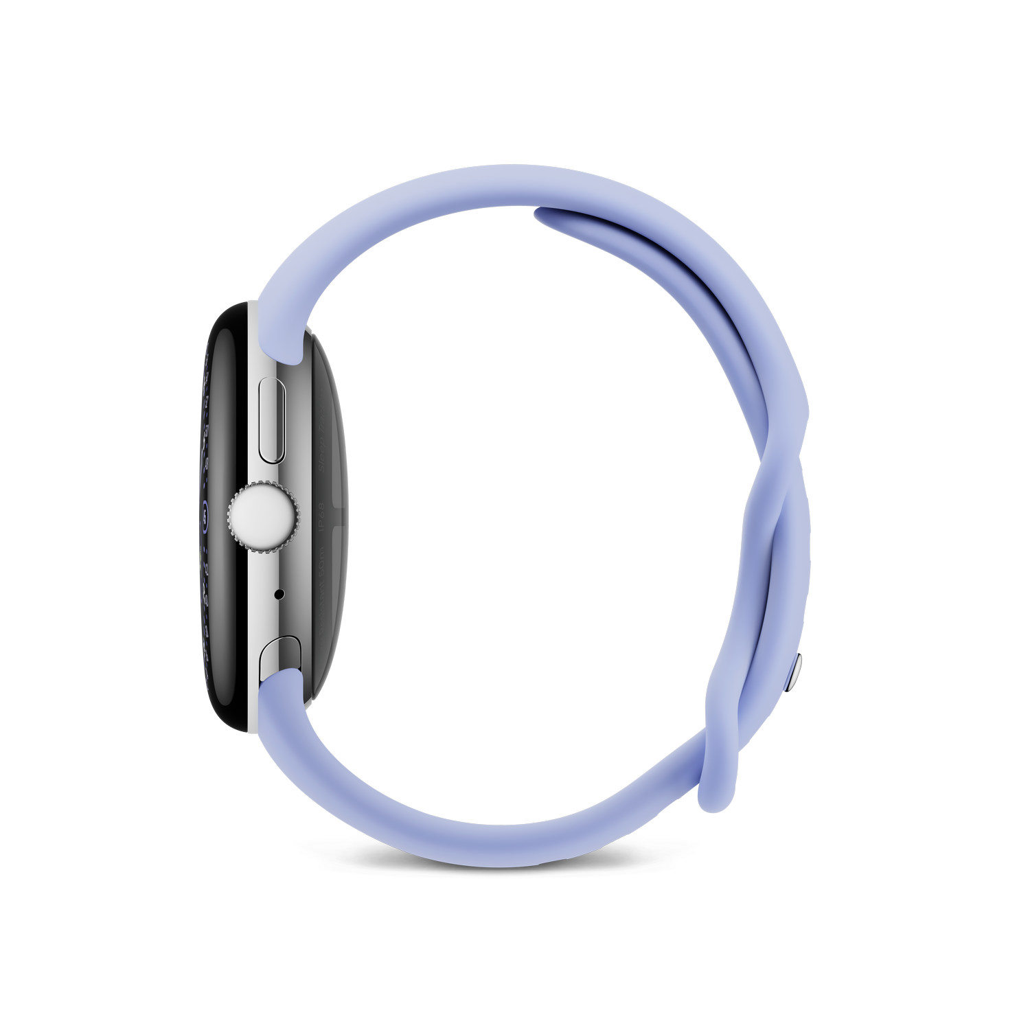 Seitenansicht einer silbernen Apple Watch mit helllila Armband. Die Uhr ist auf grauem Hintergrund mit Schatten.