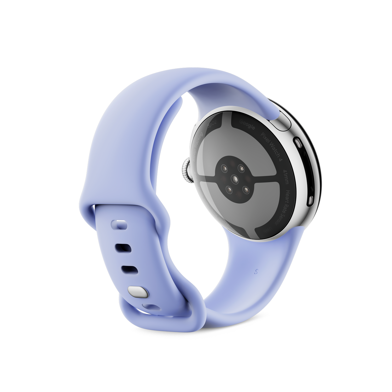 Se muestra un Google Pixel Watch 4 con una correa morada clara, con la parte trasera del reloj orientada hacia el espectador, sobre un fondo gris.