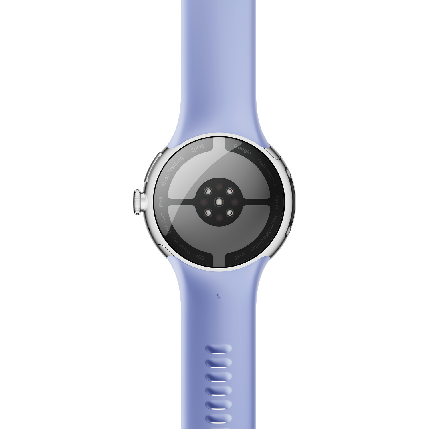 Parte trasera de un reloj Google Pixel de color lila claro, con sensores, texto y una correa lila claro sobre fondo gris.