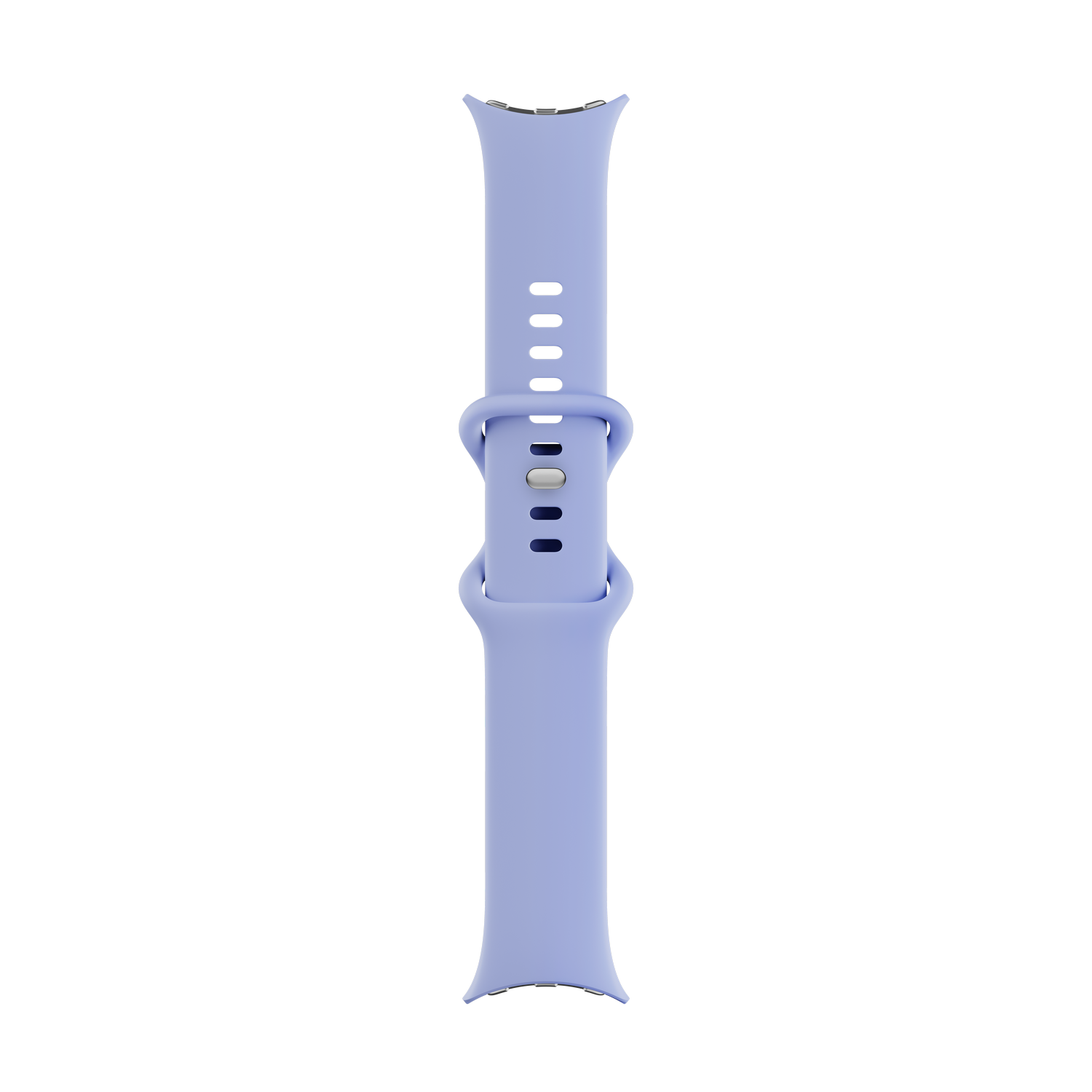 Una correa de reloj inteligente lila claro. Tiene agujeros para ajustar y una hebilla de metal. El fondo es gris sólido.