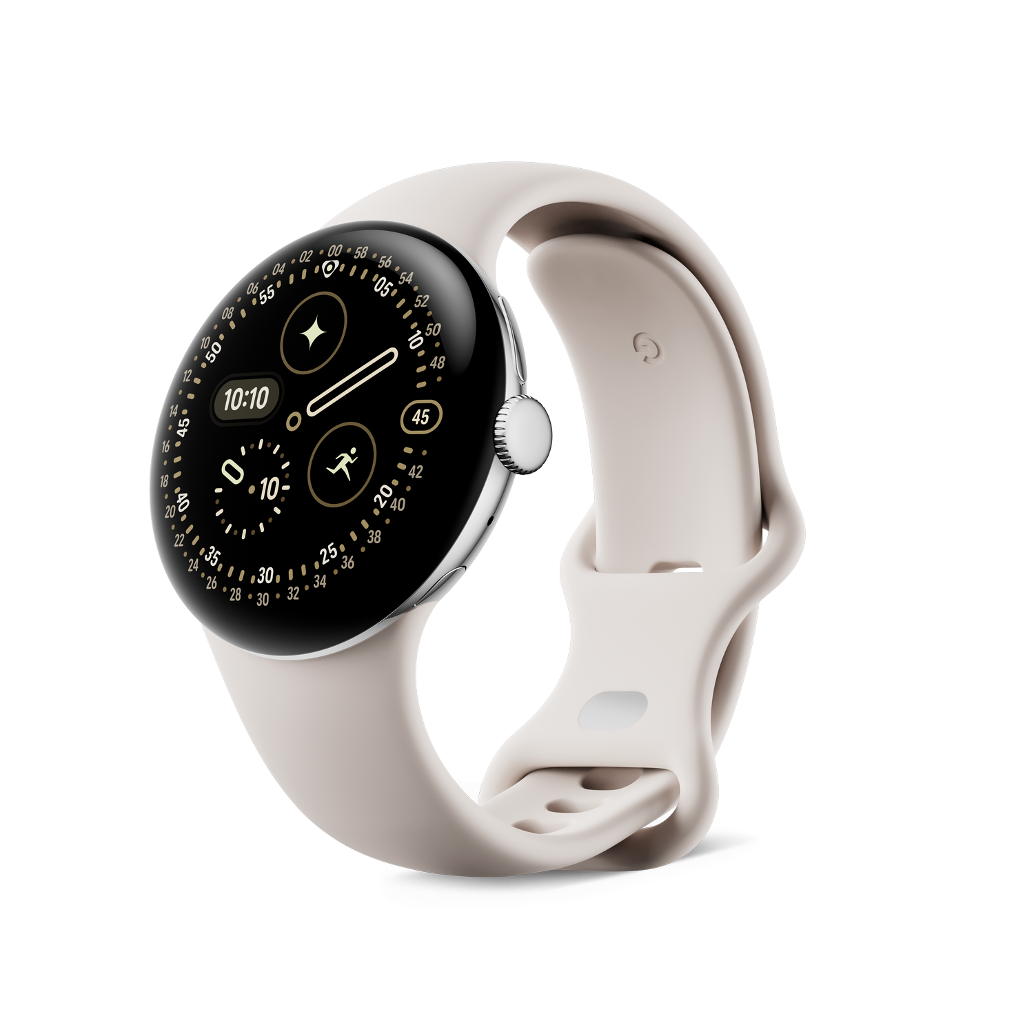 Eine moderne Smartwatch mit cremefarbenem Armband und schwarzem Display, das die Uhrzeit anzeigt. Die Uhr hat eine metallische Lünette und einen grauen Hintergrund.