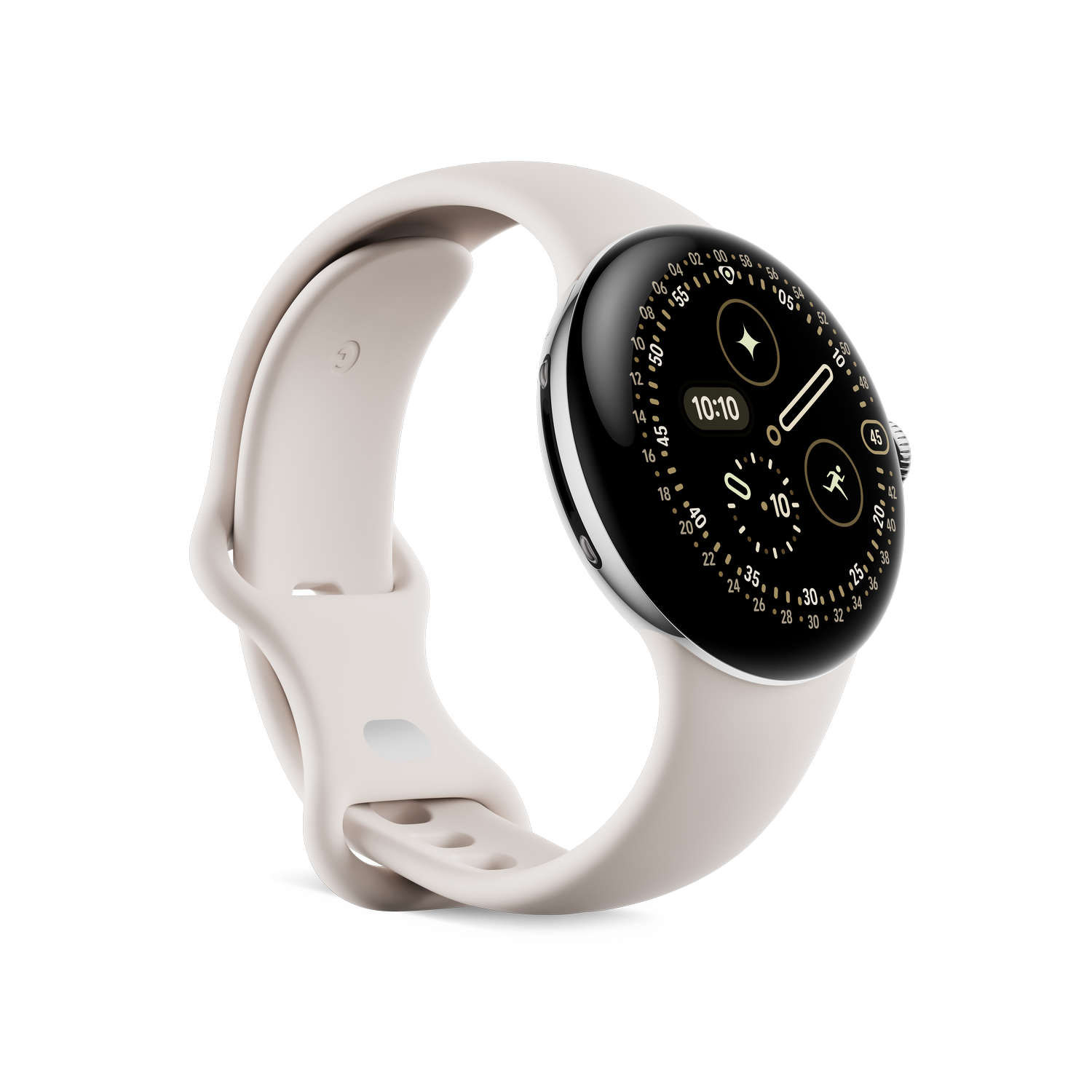 Eine hellrosa Smartwatch mit schwarzem Bildschirm, der 10:10 anzeigt. Die Uhr befindet sich auf grauem Hintergrund, mit hellrosa Armband.