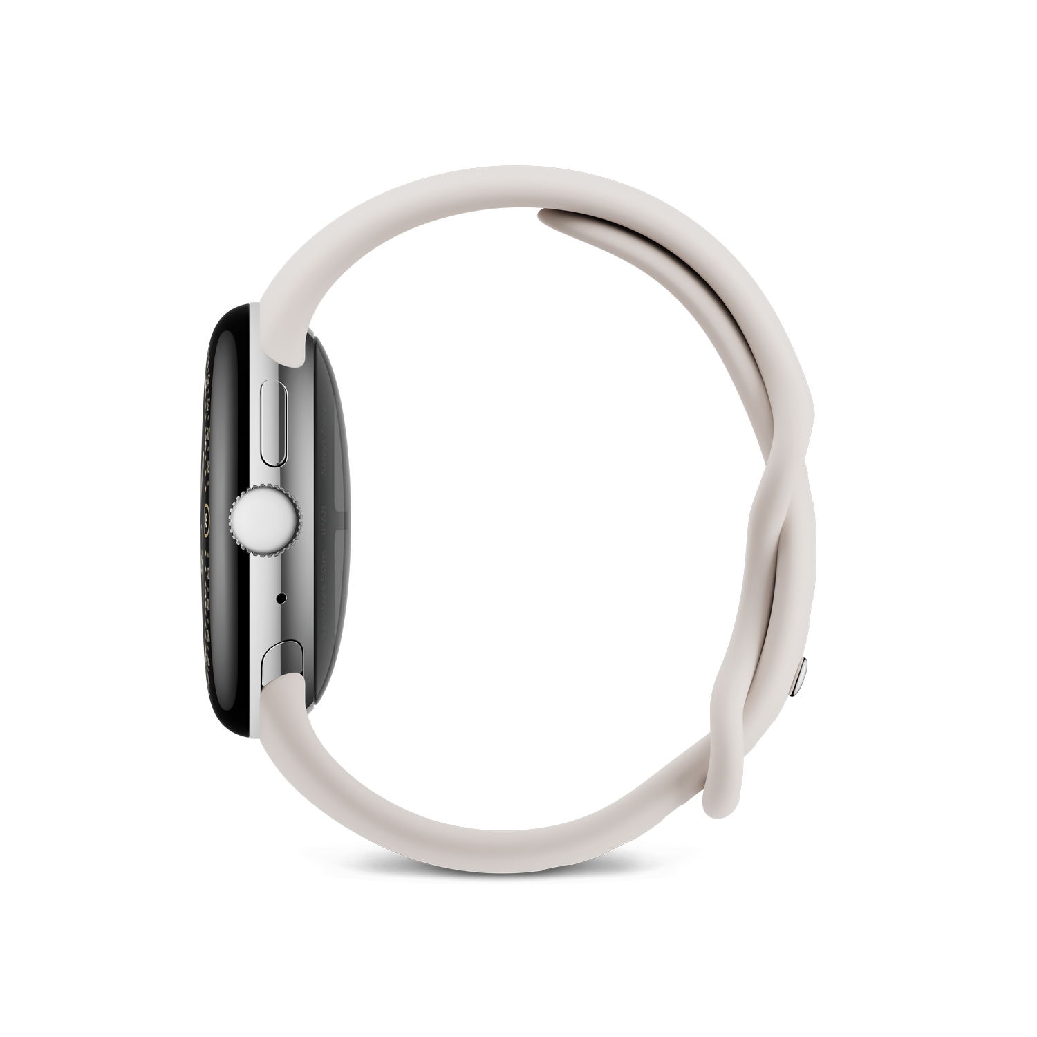 Silberne Smartwatch mit weißem Armband, Seitenansicht. Die Uhr befindet sich auf grauem Hintergrund und wirft einen Schatten.