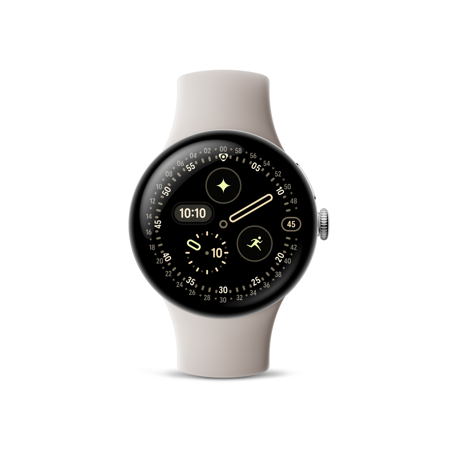 Eine Smartwatch mit schwarzem Bildschirm, der die Uhrzeit 10:10 anzeigt, umgeben von einem hellbeigen Armband. Der Hintergrund ist grau.