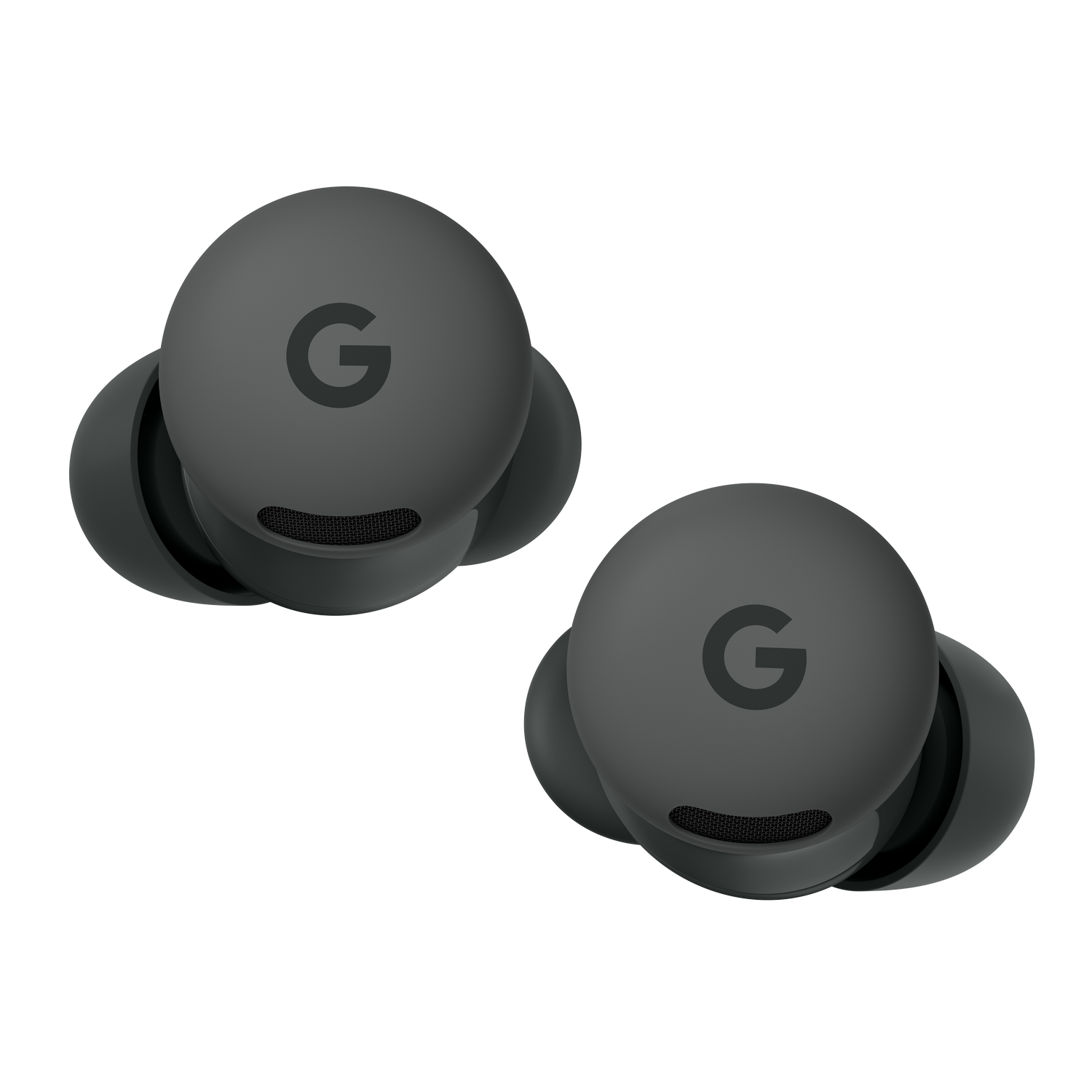 Dos auriculares Google Pixel Buds de color gris oscuro sobre un fondo gris. Cada auricular tiene un logotipo 'G'. Están cerca, mostrando detalles.
