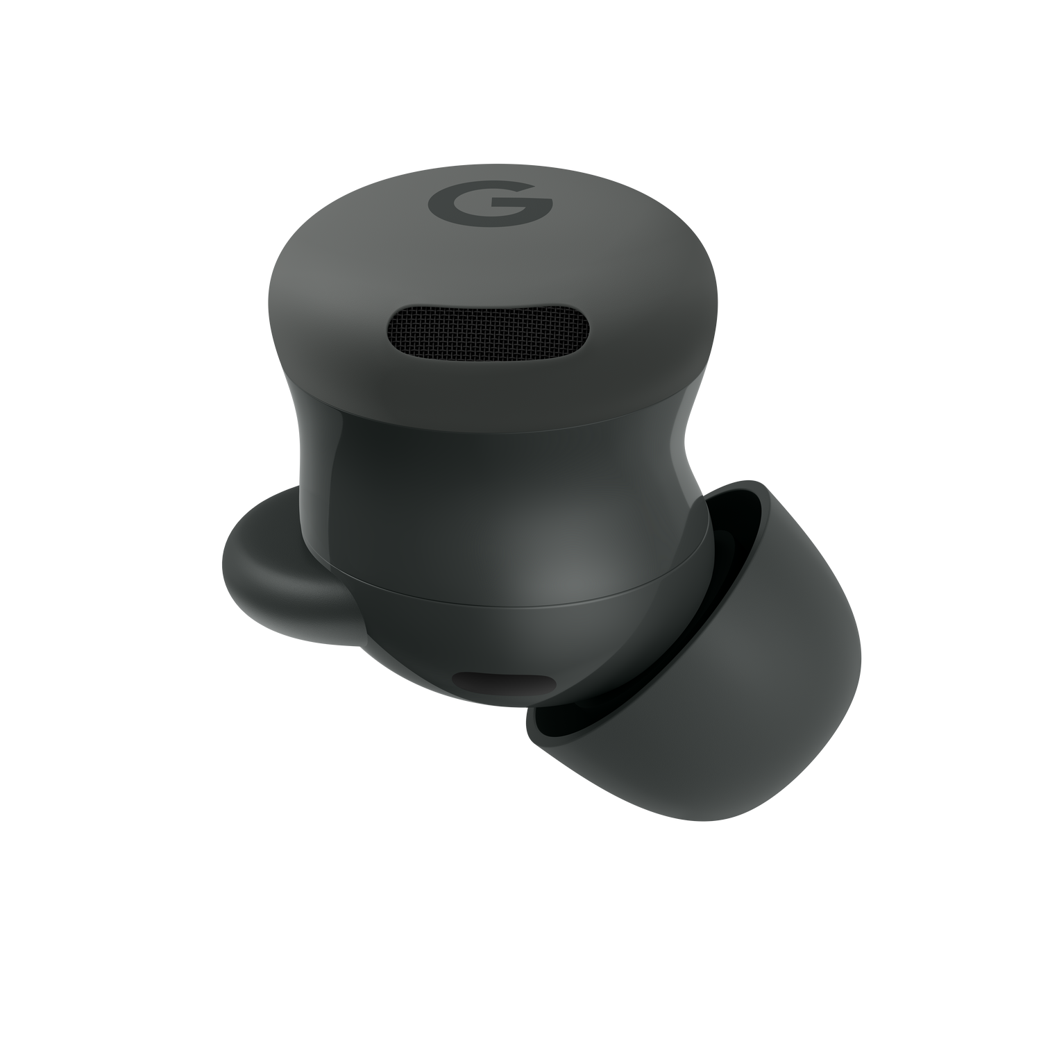 Un auricular Google Pixel gris oscuro. El auricular tiene un diseño circular, con el logotipo de Google en la parte superior y una abertura de malla.