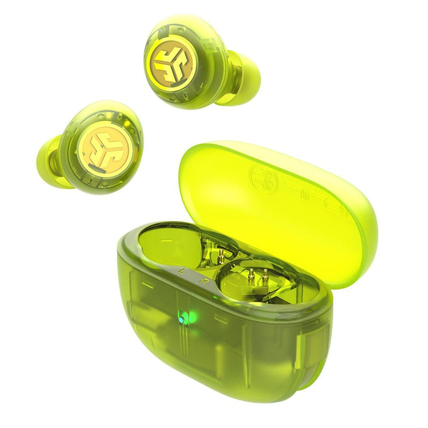 Green wireless earbuds and charging case on a white background. Earbuds are transparent and show the internal components.