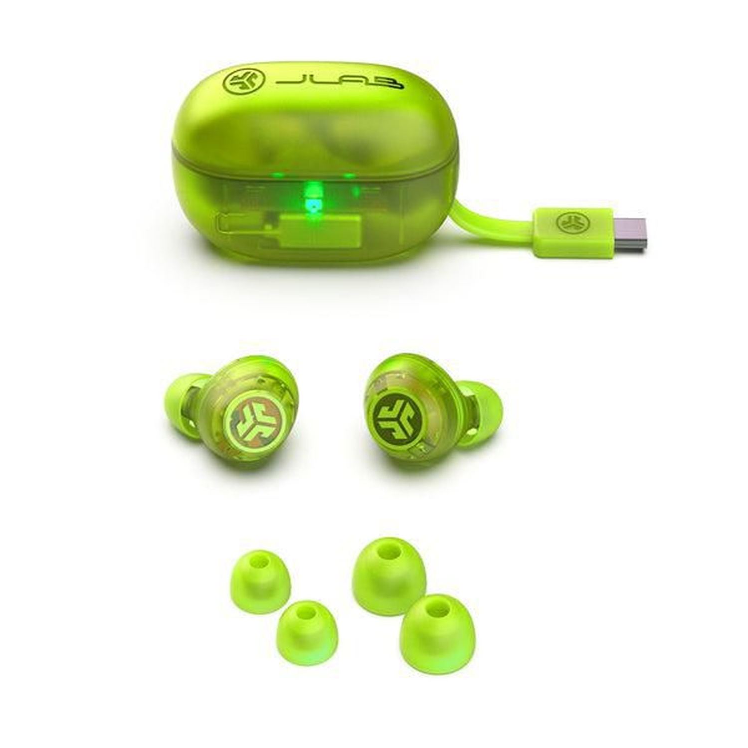 Green wireless earbuds, charging case, and extra ear tips on white. Case has a light. Earbuds have logos.