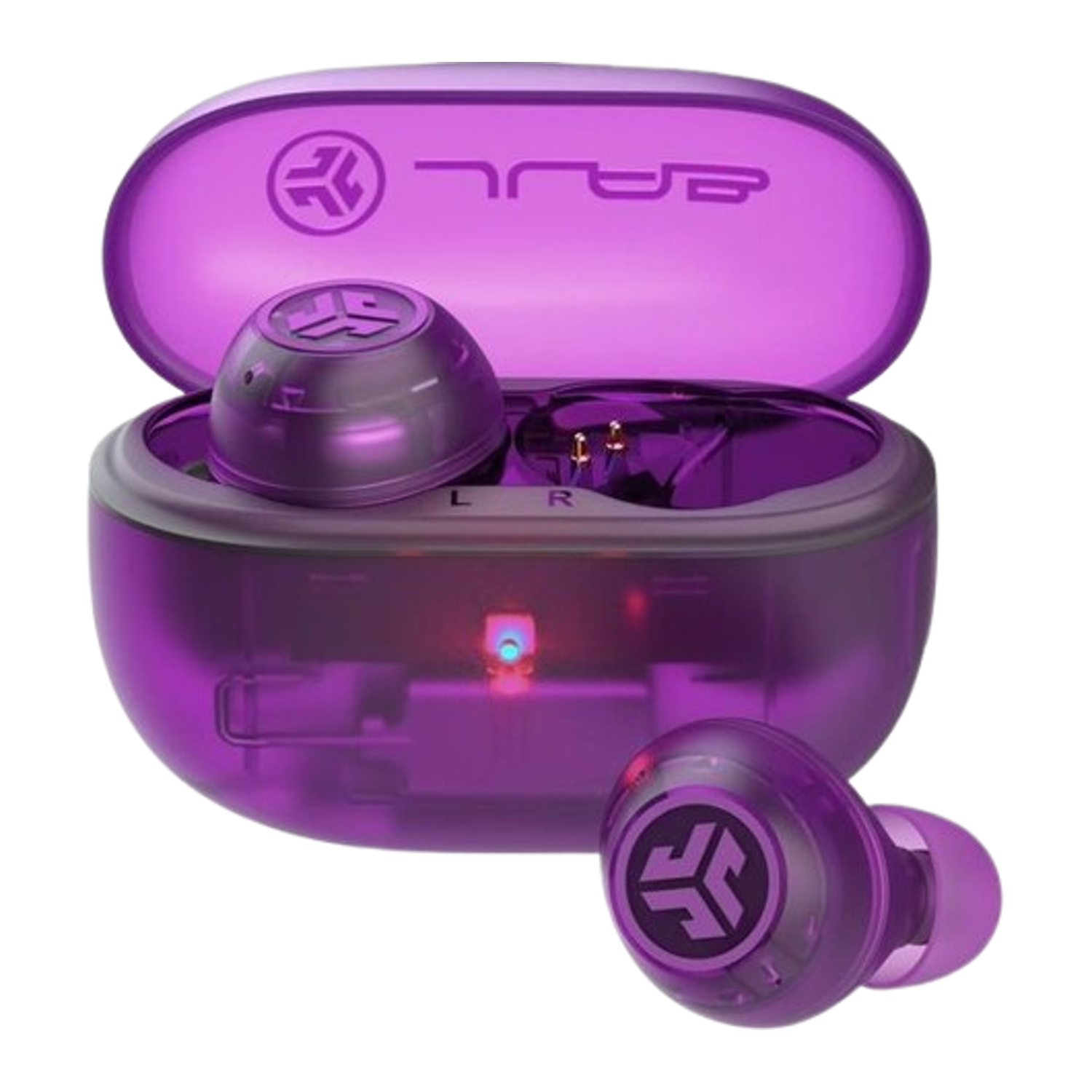 Purple transparent earbuds in a charging case. One earbud is outside. The case and earbuds have the JLab logo.