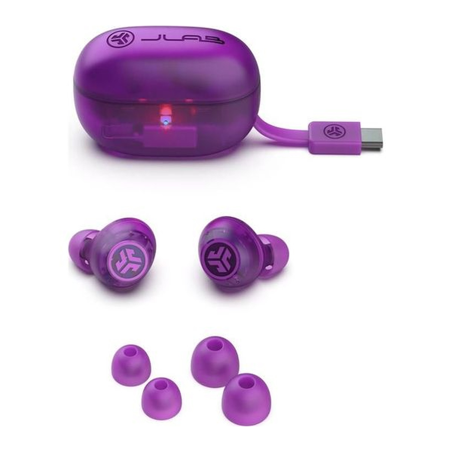 Purple JLab earbuds and charging case with extra ear tips. The case has a USB-C cable. Earbuds and tips are in various sizes.