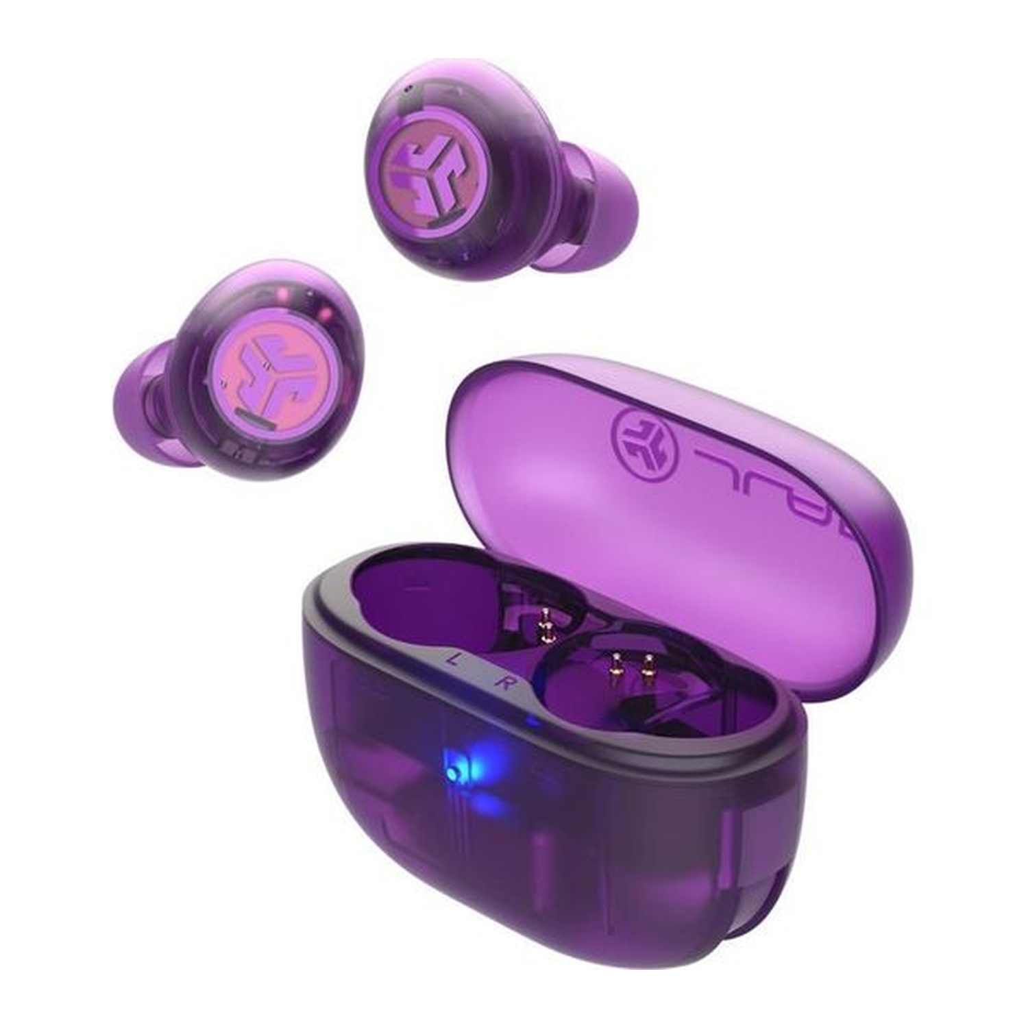 Purple wireless earbuds with a charging case. Earbuds are outside of the case. The case is open. White background.