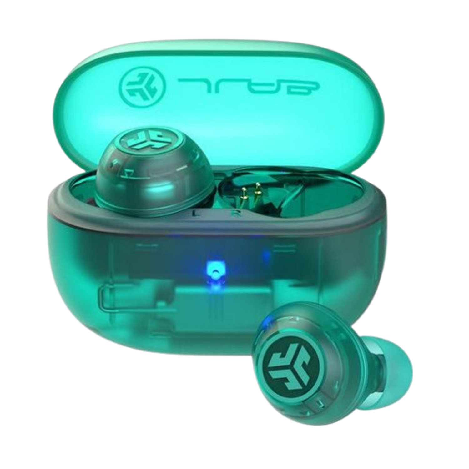 A teal charging case with earbuds. One earbud outside the case. The case is open, with one earbud inside.