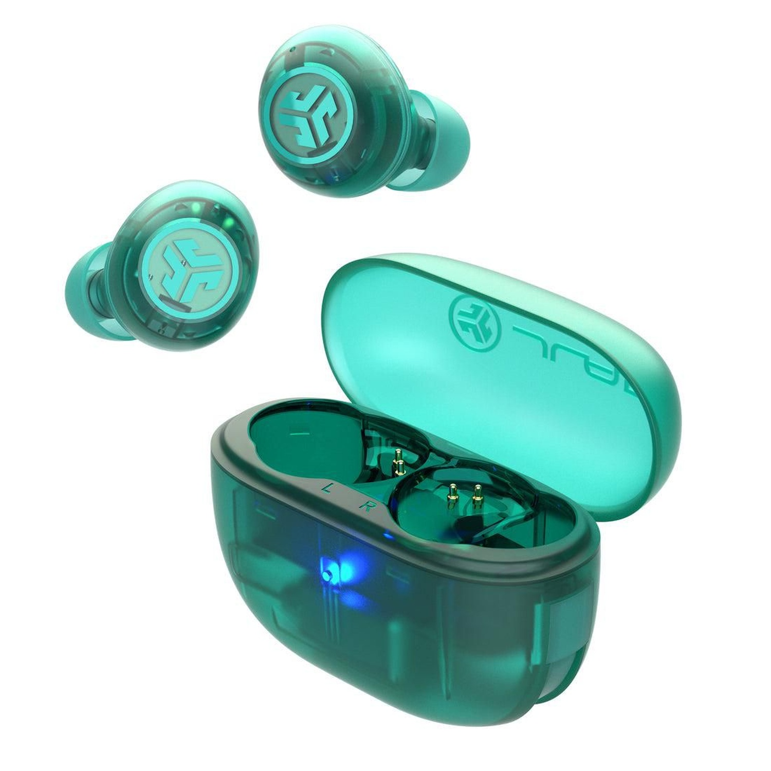 Teal wireless earbuds, with charging case opened. Earbuds are on top and inside the open case. White background.