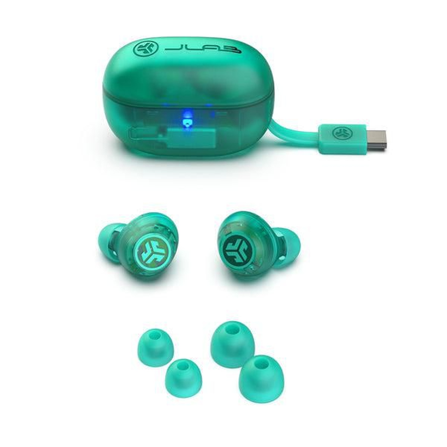 A teal wireless earbud set with charging case, extra ear tips, and a USB-C cable. All items are teal on a white background.
