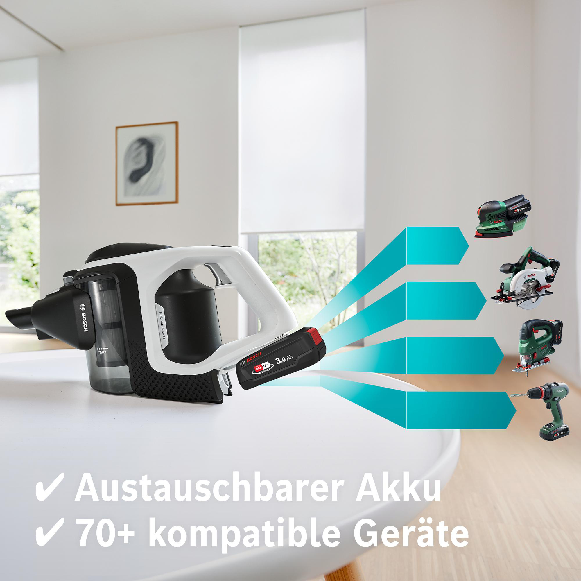 Ein weiß-schwarzer Akku-Staubsauger auf weißer Oberfläche, mit anderen Elektrowerkzeugen und Text.