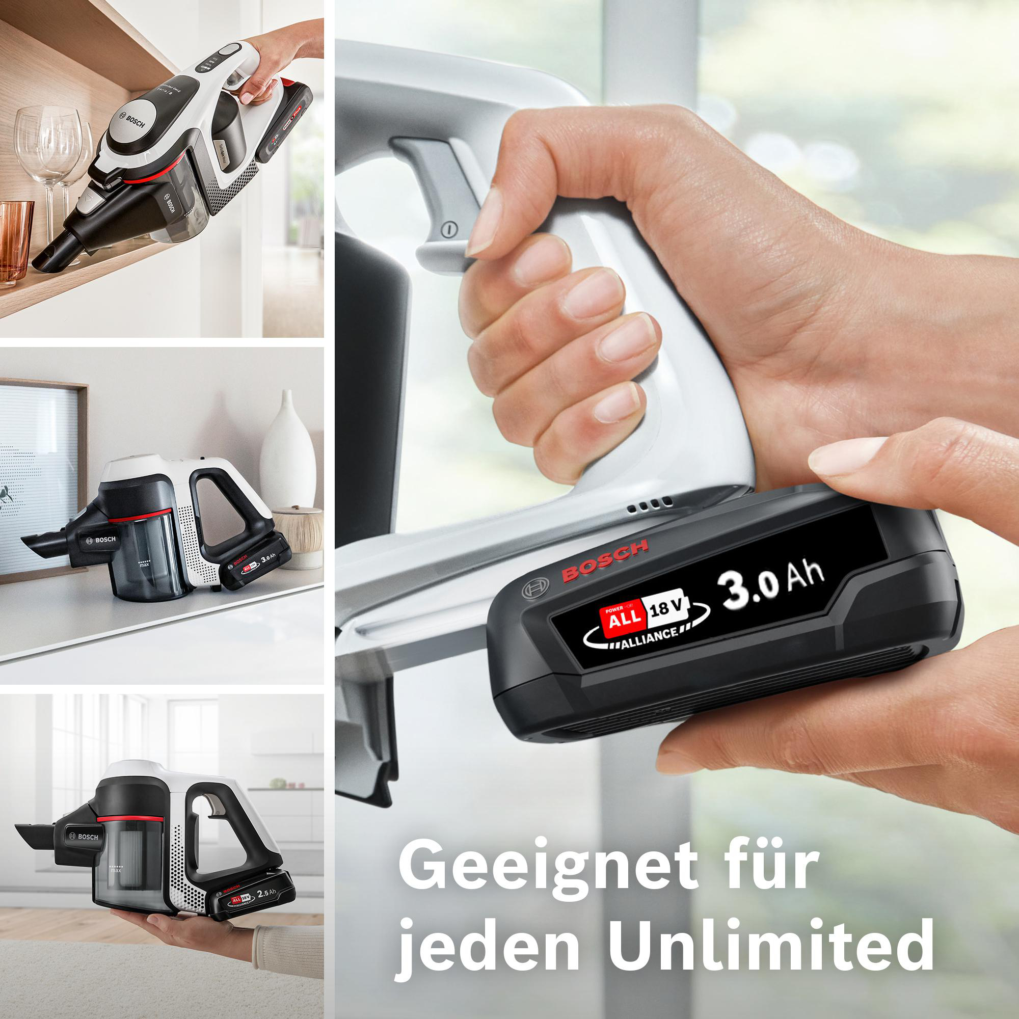 Eine Hand hält einen schwarz-weißen kabellosen Staubsauger mit einem Akku. Der Markenname BOSCH ist sichtbar.