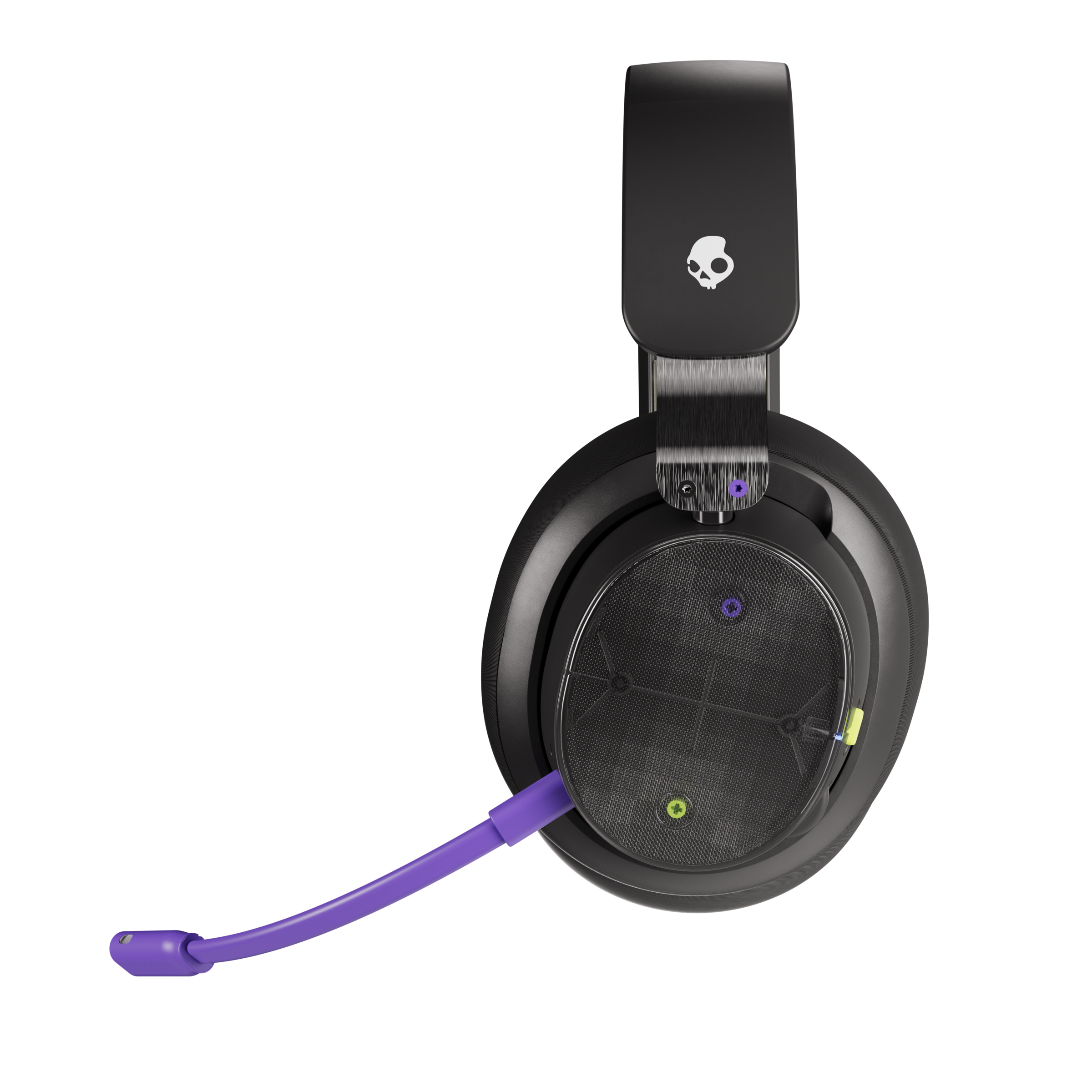 Schwarze Skullcandy-Kopfhörer mit lila Mikrofon. Die Kopfhörer haben ein Totenkopf-Logo. Der Hintergrund ist weiß.