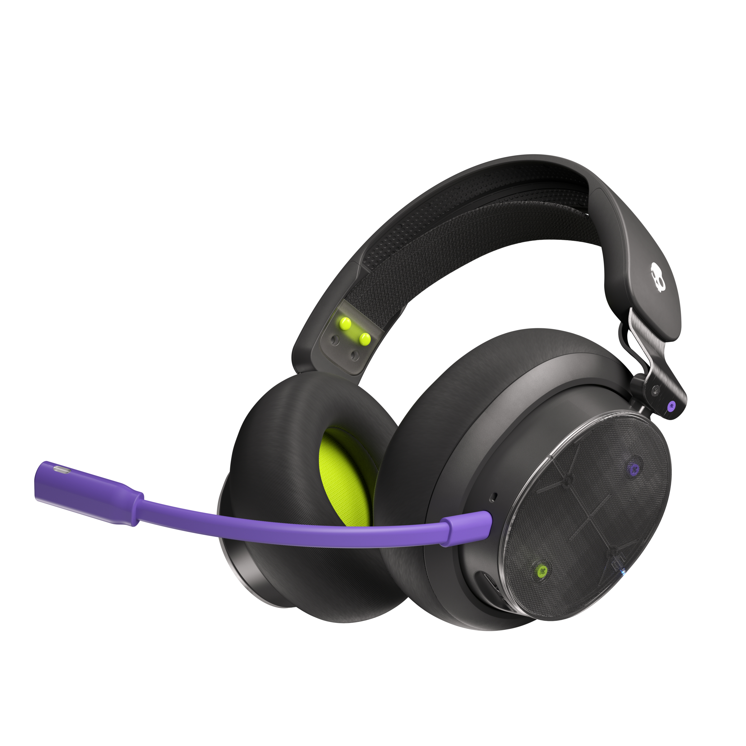 Schwarzes Gaming-Headset mit lila Mikrofon. Die Ohrmuscheln haben grüne Polsterung. Das Kopfband ist schwarz, der Hintergrund ist weiß.