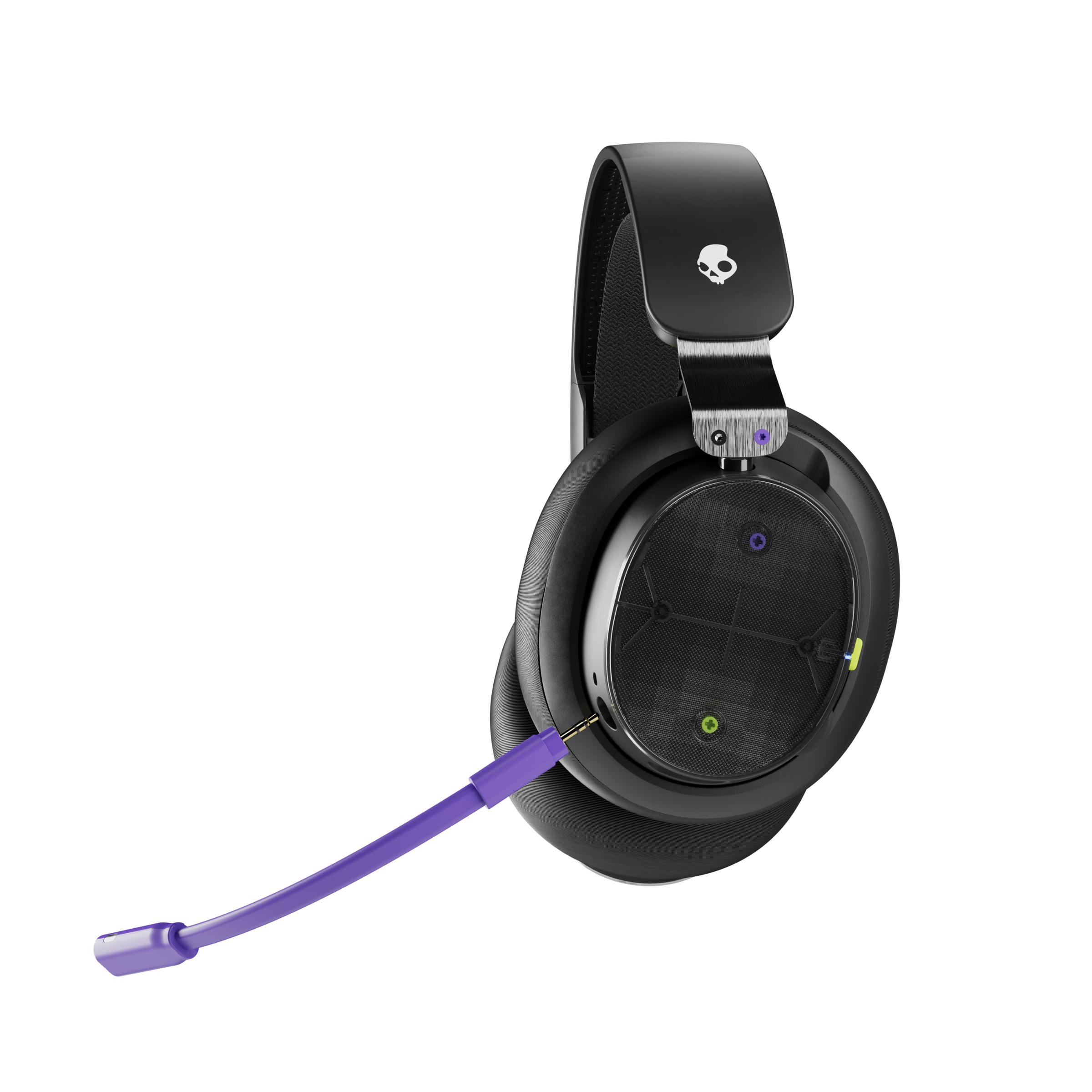 Schwarze Skullcandy-Kopfhörer mit lila Mikrofon. Die Kopfhörer haben ein Totenkopf-Logo. Der Hintergrund ist weiß.