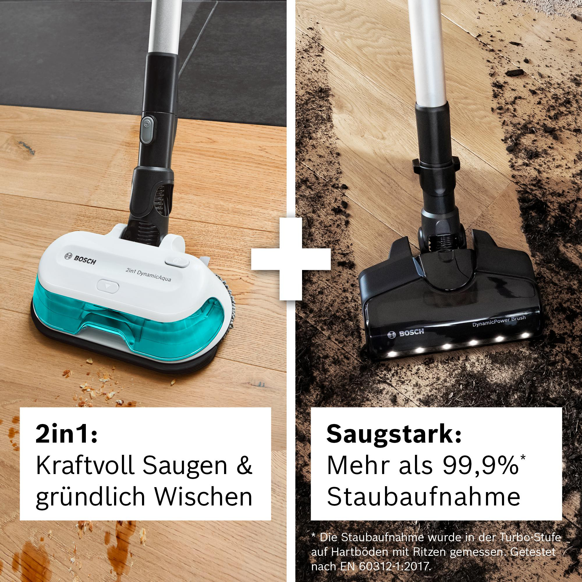Das Bild zeigt einen Bosch-Staubsauger, der in zwei Hälften geteilt ist, um Reinigungs- und Waschfunktionen zu zeigen.