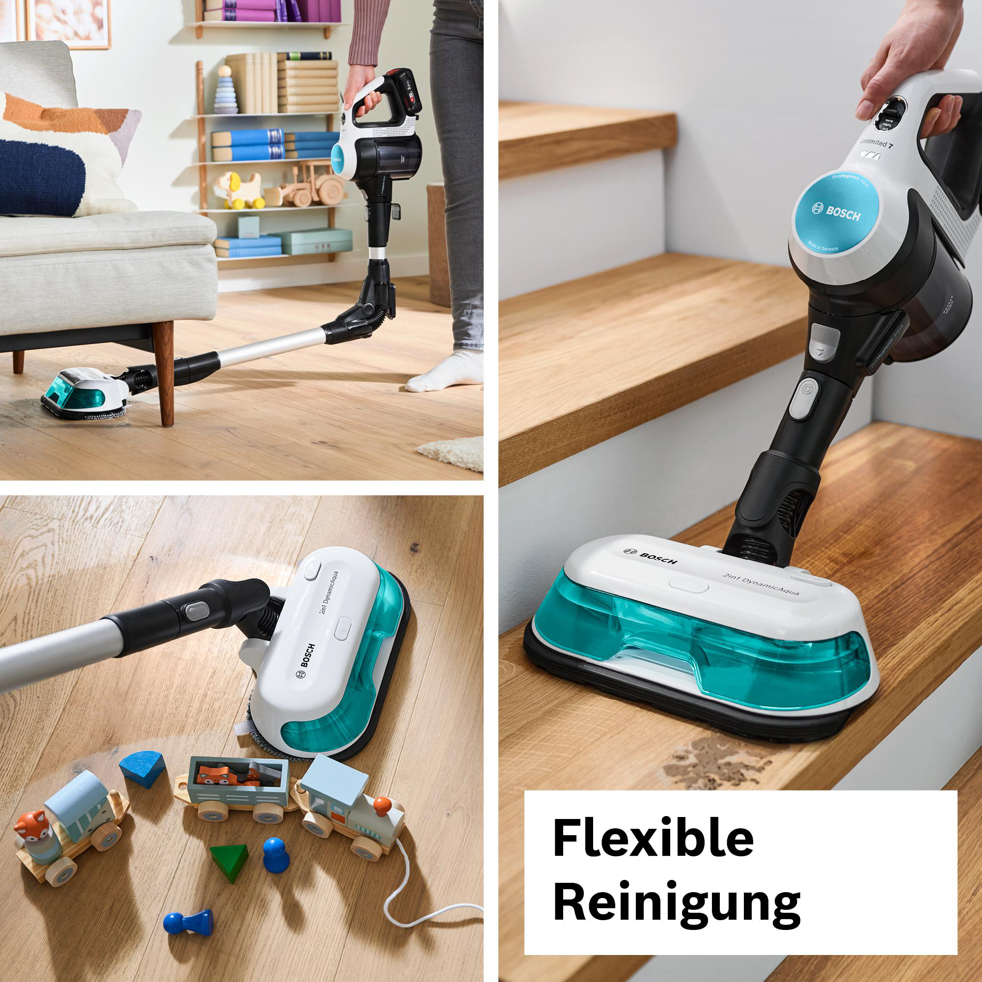 Eine Person, die einen Bosch-Staubsauger auf Holzböden und Treppen benutzt. Spielzeugzüge aus Holz liegen auf dem Boden. Das Produkt ist weiß und türkis.