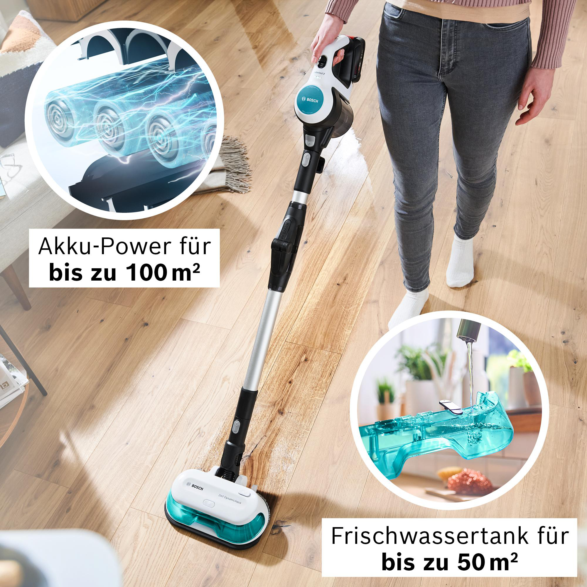 Eine Frau benutzt einen kabellosen Staubsauger. Das Bild zeigt den Staubsauger, Teile der Frau und einige Texte.