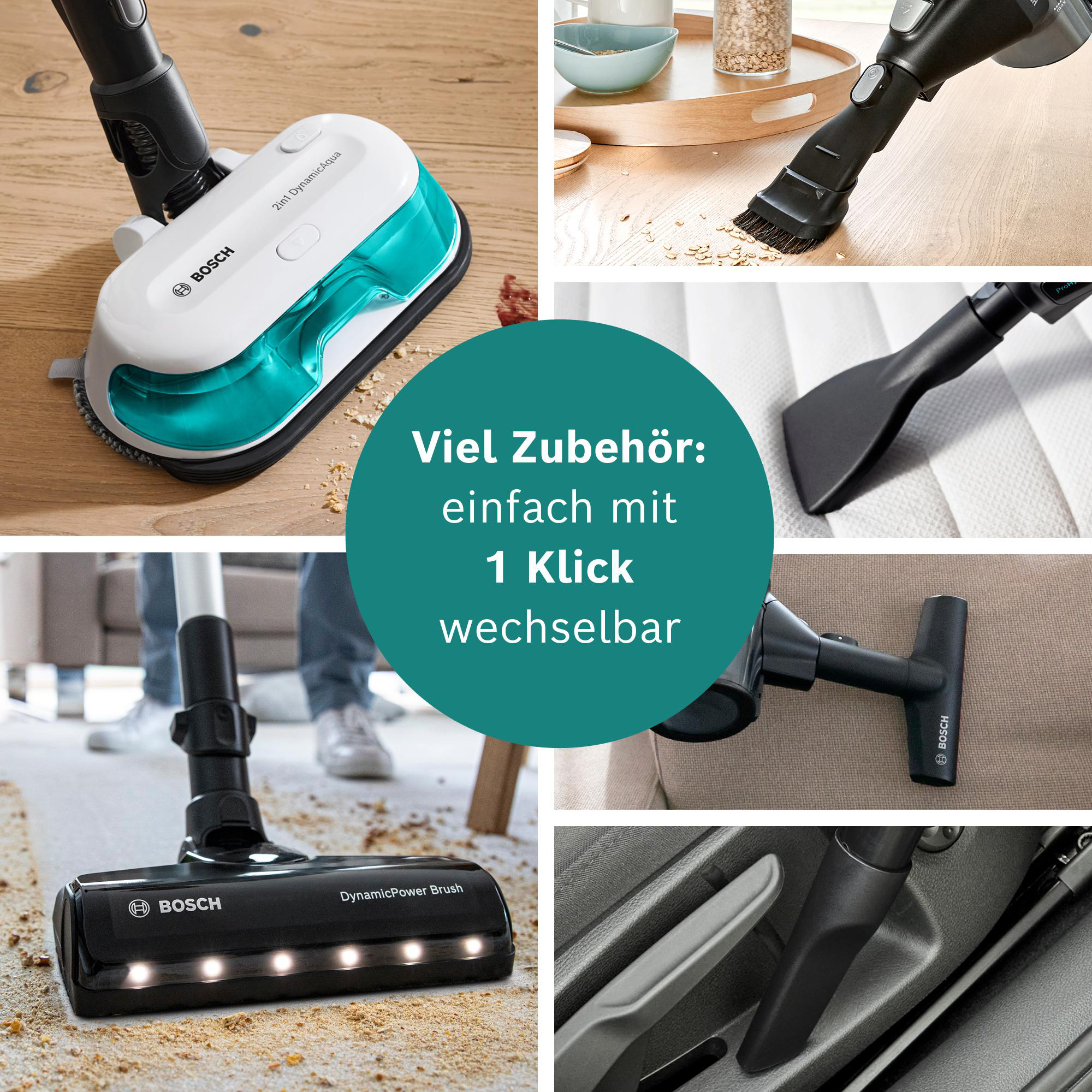 Collage mit verschiedenen Bosch Staubsaugeraufsätzen. Enthält einen 2-in-1-Kopf, Bürsten und Spezialdüsen für verschiedene Oberflächen.