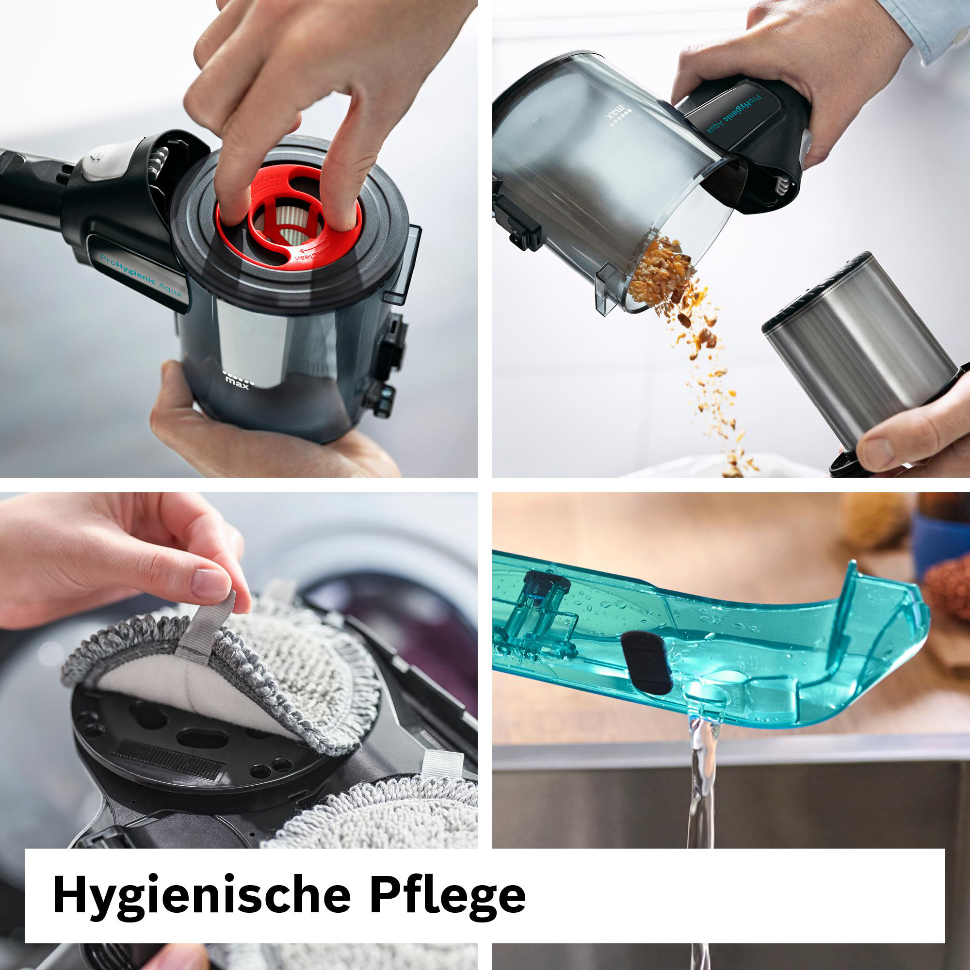 Eine Person zerlegt einen Staubsauger. Zu den Teilen gehören ein roter Filter, ein Staubbehälter und ein Reinigungspad.