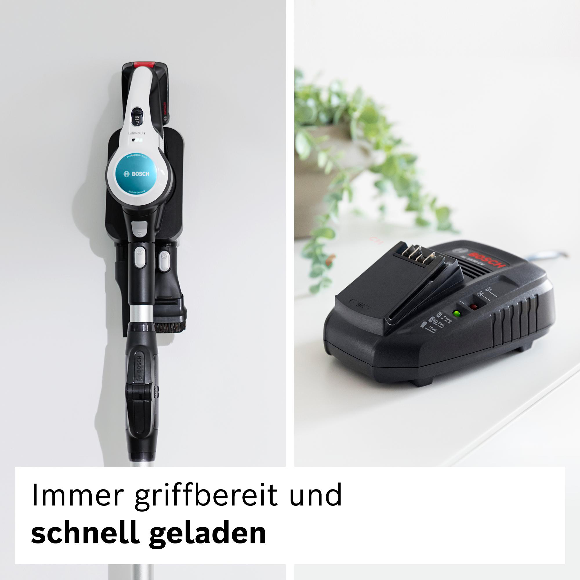 Ein kabelloser Staubsauger an der Wand und eine Ladestation. Grüne Pflanze im Hintergrund. Text: Immer griffbereit und schnell geladen.
