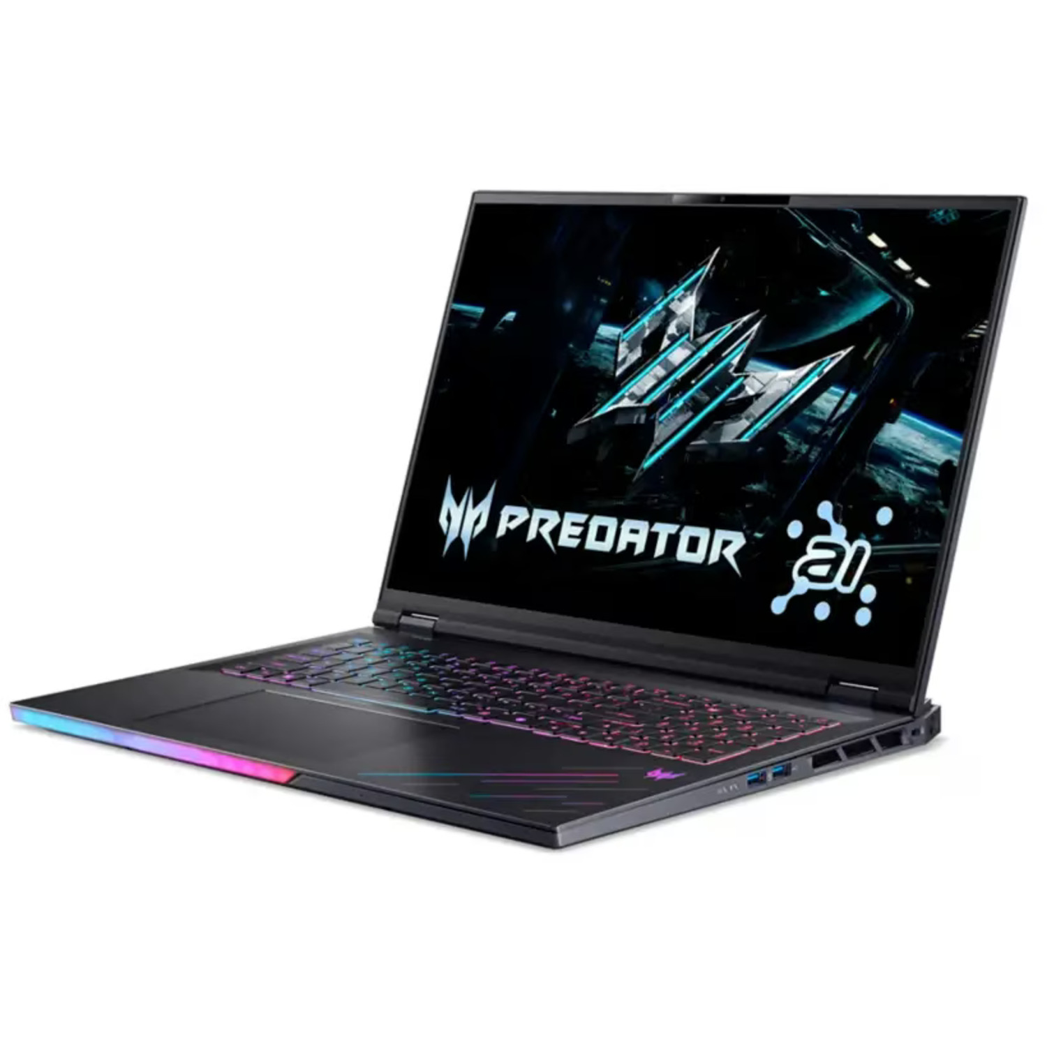 Black Predator laptop with a lit keyboard and screen displaying a logo. The laptop is open, angled on a white surface.