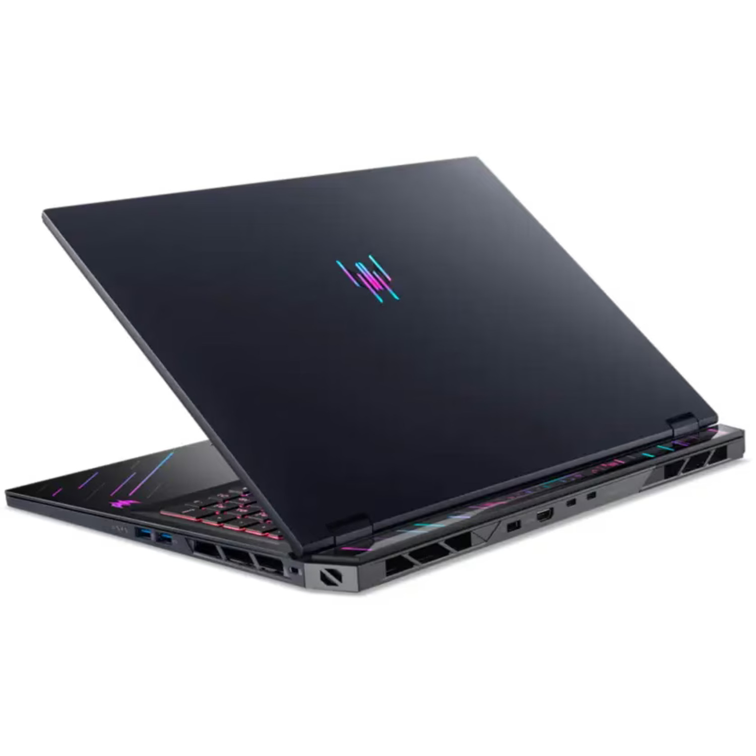 A black laptop with the screen open, showing the keyboard and a logo on the back. The keyboard has colorful lights.