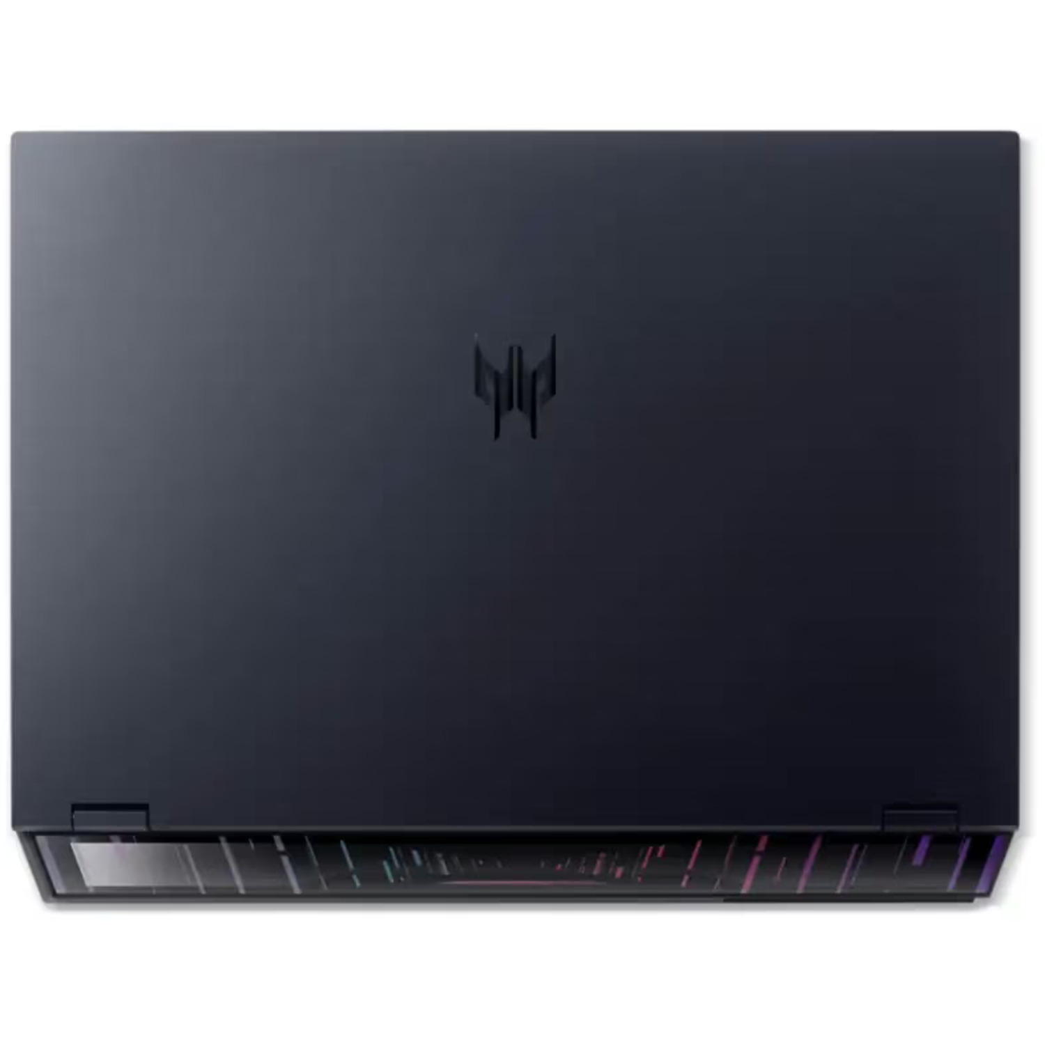 A black laptop is shown from above. The Predator logo is in the center. The bottom edge has a light bar with color gradients.