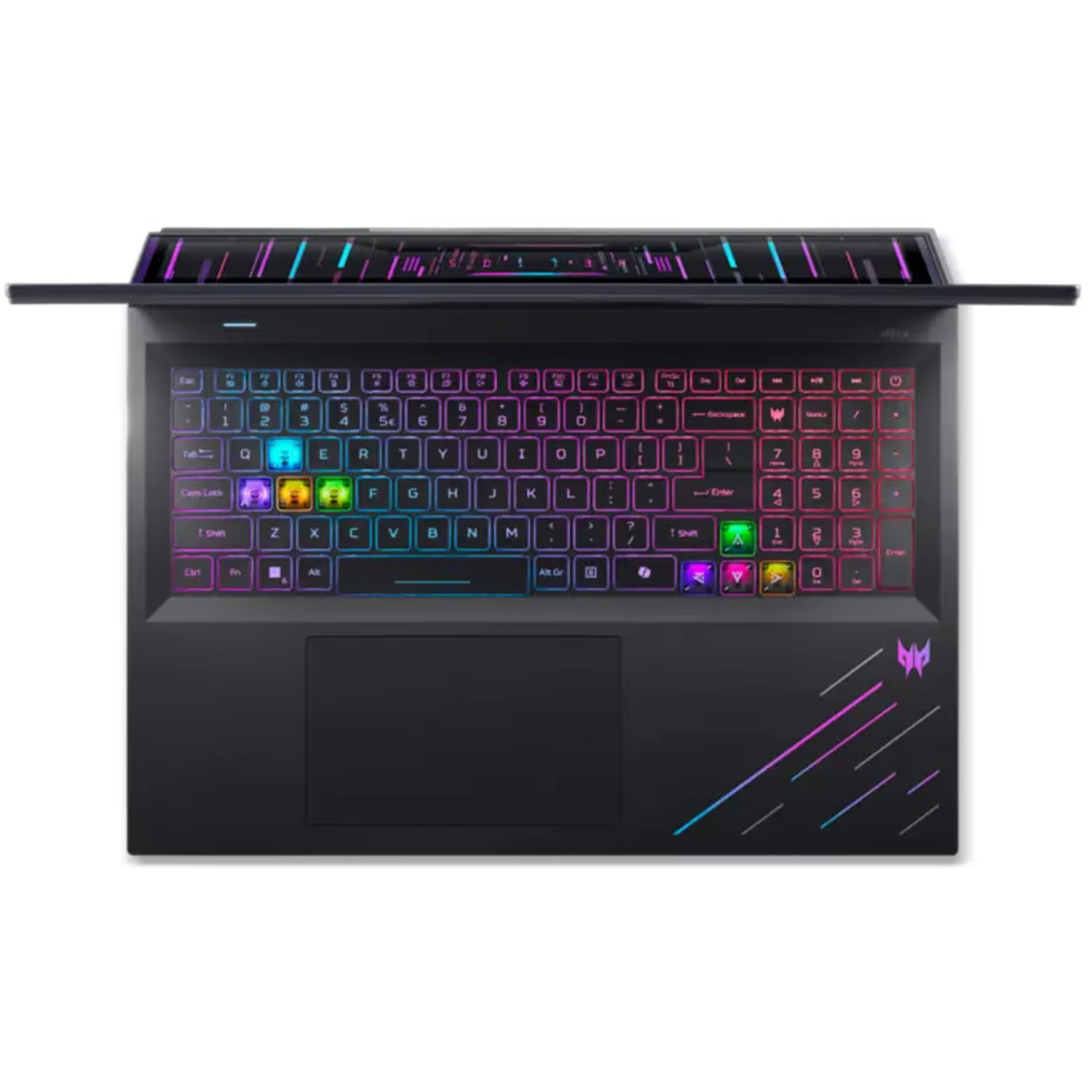 A black laptop with a colorful keyboard, illuminated keys, and the Predator logo. The screen is slightly open.