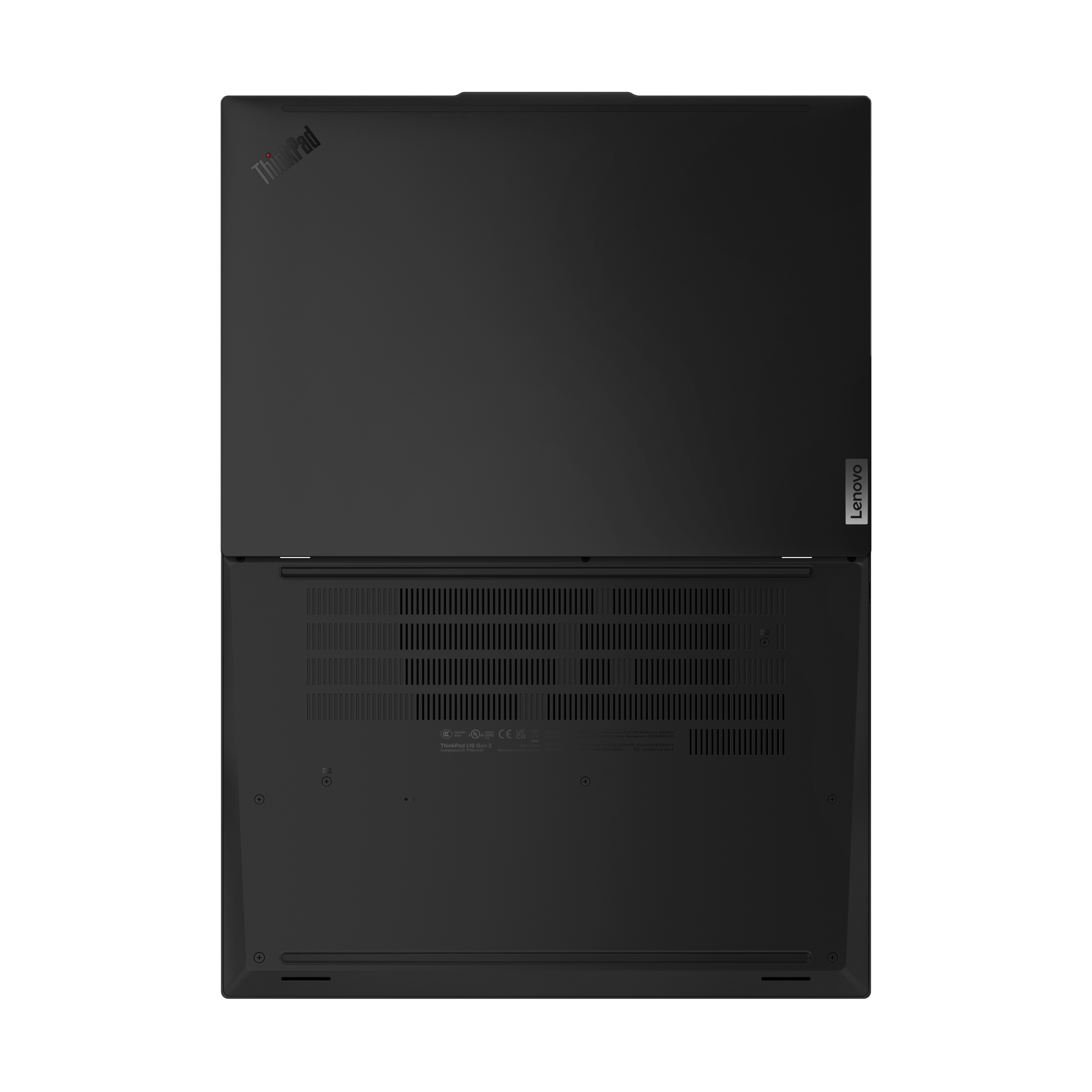 Draufsicht auf einen schwarzen Lenovo ThinkPad Laptop. Der Bildschirm ist geöffnet. Das ThinkPad-Logo ist sichtbar.