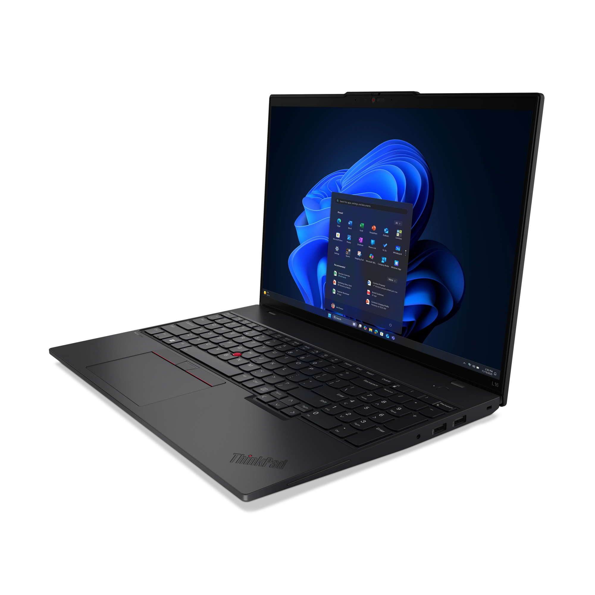 Ein schwarzer ThinkPad-Laptop ist geöffnet und zeigt ein Windows-Menü an. Tastatur und Touchpad sind sichtbar. Der Hintergrund ist schwarz.