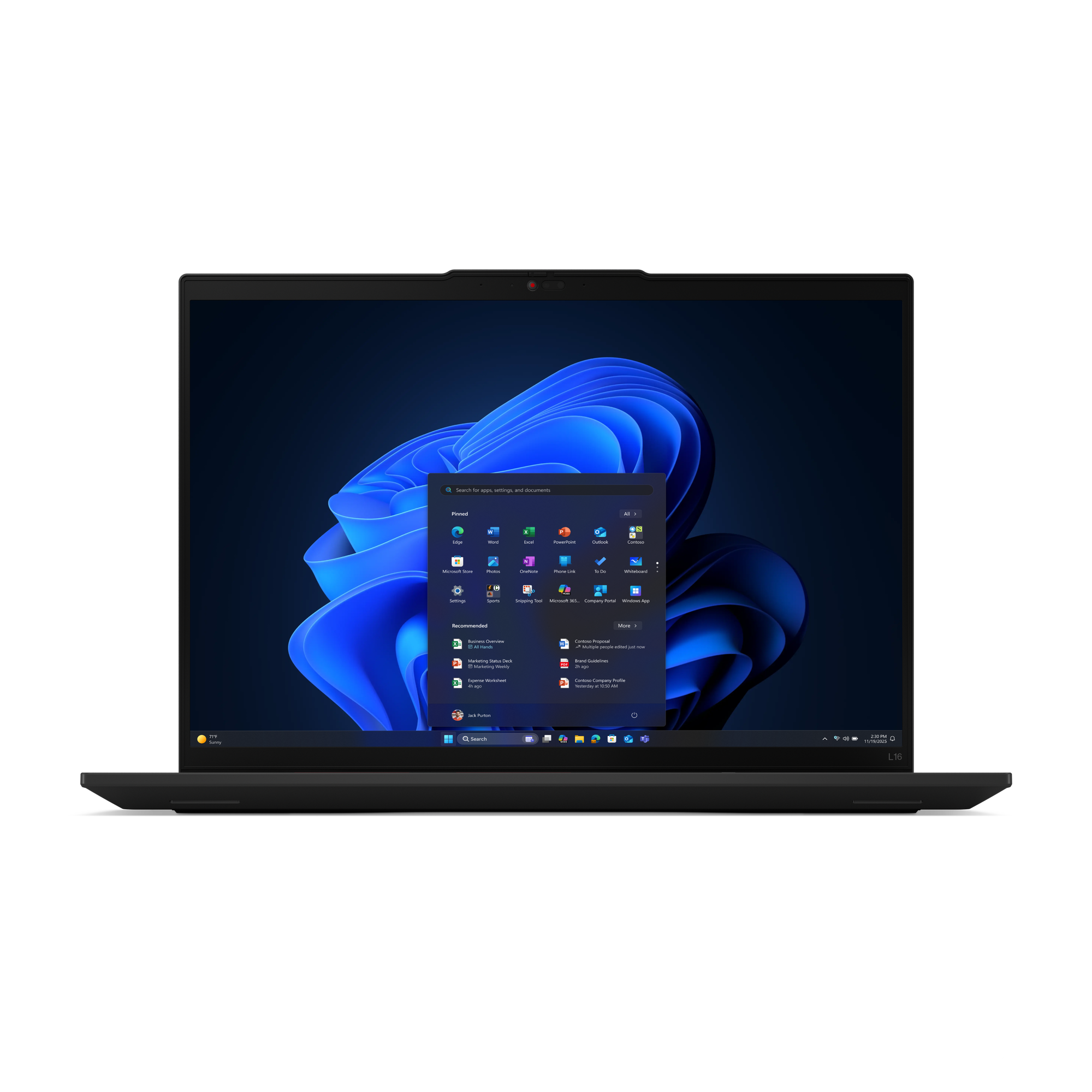 Ein schwarzer Laptop zeigt das Windows 11 Startmenü. Der Bildschirm zeigt App-Symbole und einen blauen Hintergrund mit fließendem Design.